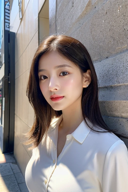 (Photorealistic: 1.4), (超Realisticな: 1.4), (Realistic: 1.3), (Smooth lighting: 1.05), (Improving Cinema Lighting: 0.9), 32k, 1 girl, 20-year-old girl, Realistic lighting, Backlight, Face Light, Ray-tracing, (Whitening Light: 1.2), (Image Enhancement: 1.4), ( best quality real skins: 1.4), Narrow eyes, Beautiful Face, Narrow eyes, (Improve your body line: 1.1), Large Breasts, (Beauty products that improve skin texture: 1.1), City Wall Background, White blouse, skirt, No makeup