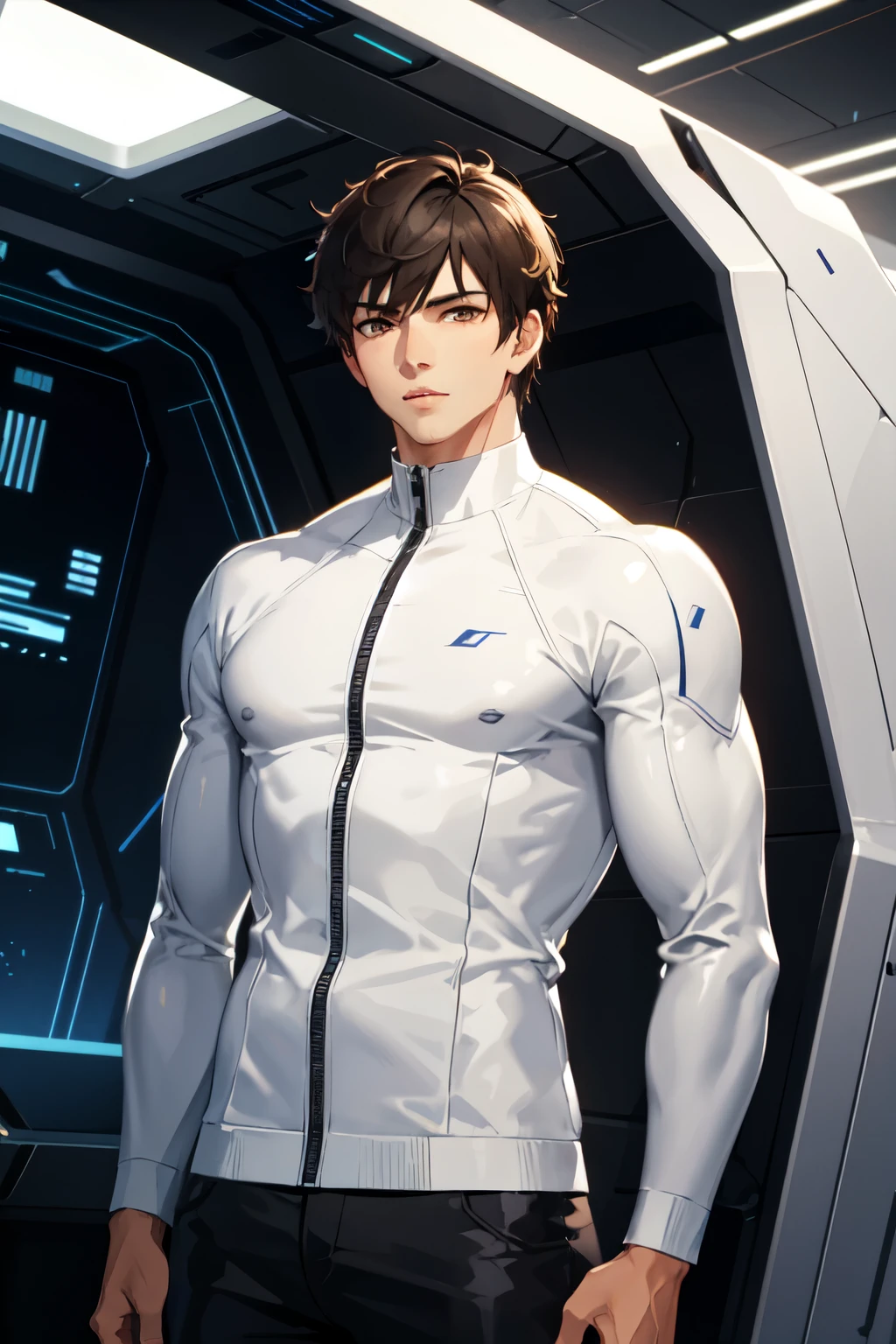 handsome man, short brown hair, brown eyes, black casual futuristic clothes, white details, strong body, inside a spaceship, high quality