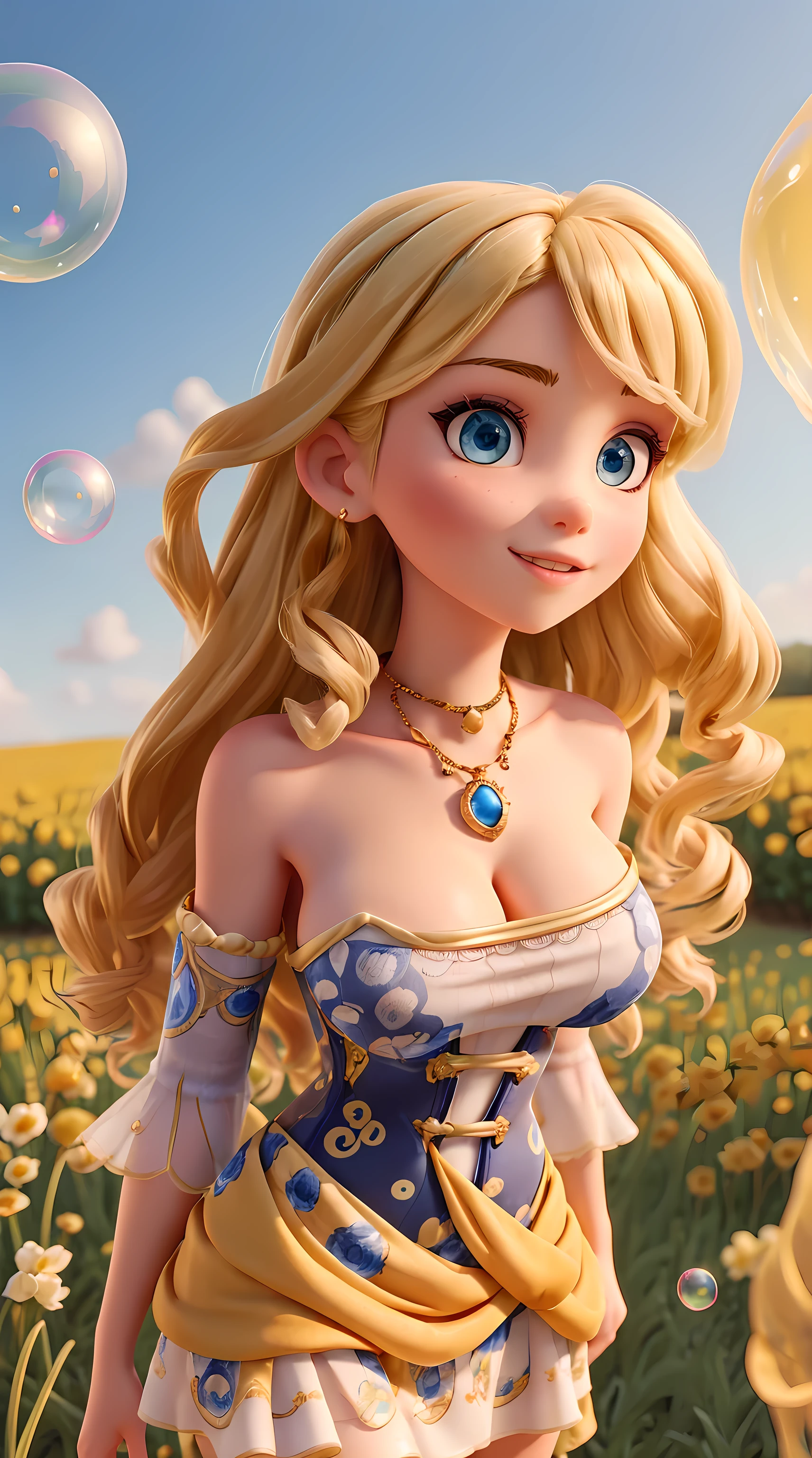 Beautiful blonde woman is shown to have a sexy figure. She is wearing a  beautiful detailed spring printed Frenchy Bubble Sleeve Waist Cinching Dress, jewelry, she has blue eyes,Girl standing outside in a field, sexy session, poseing,exposed cleavage, cowboy shot, superior quality, many details, realistic