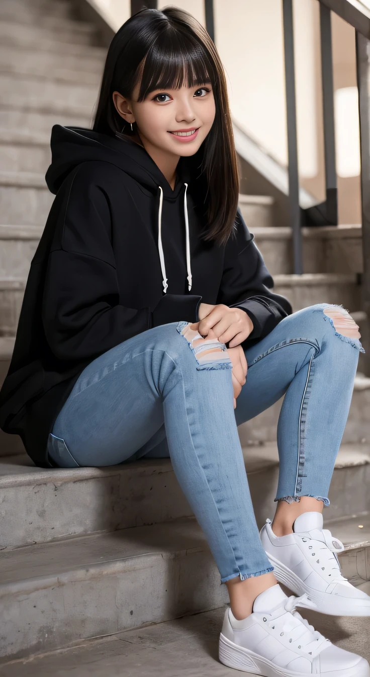 highest quality, Realistic, Very detailed, Finer details, High resolution, 8k wallpaper, One beautiful woman,Sit on the stairs、 Oversized hoodie, Skinny jeans, White sneakers,Putting on socks、Black Hair、 hairstyle semi long、Beautiful Bangs、ear piercing、smile、Beautiful teeth alignment、Perfect dynamic composition, Beautiful and detailed, Full Body Shot, A big smile

