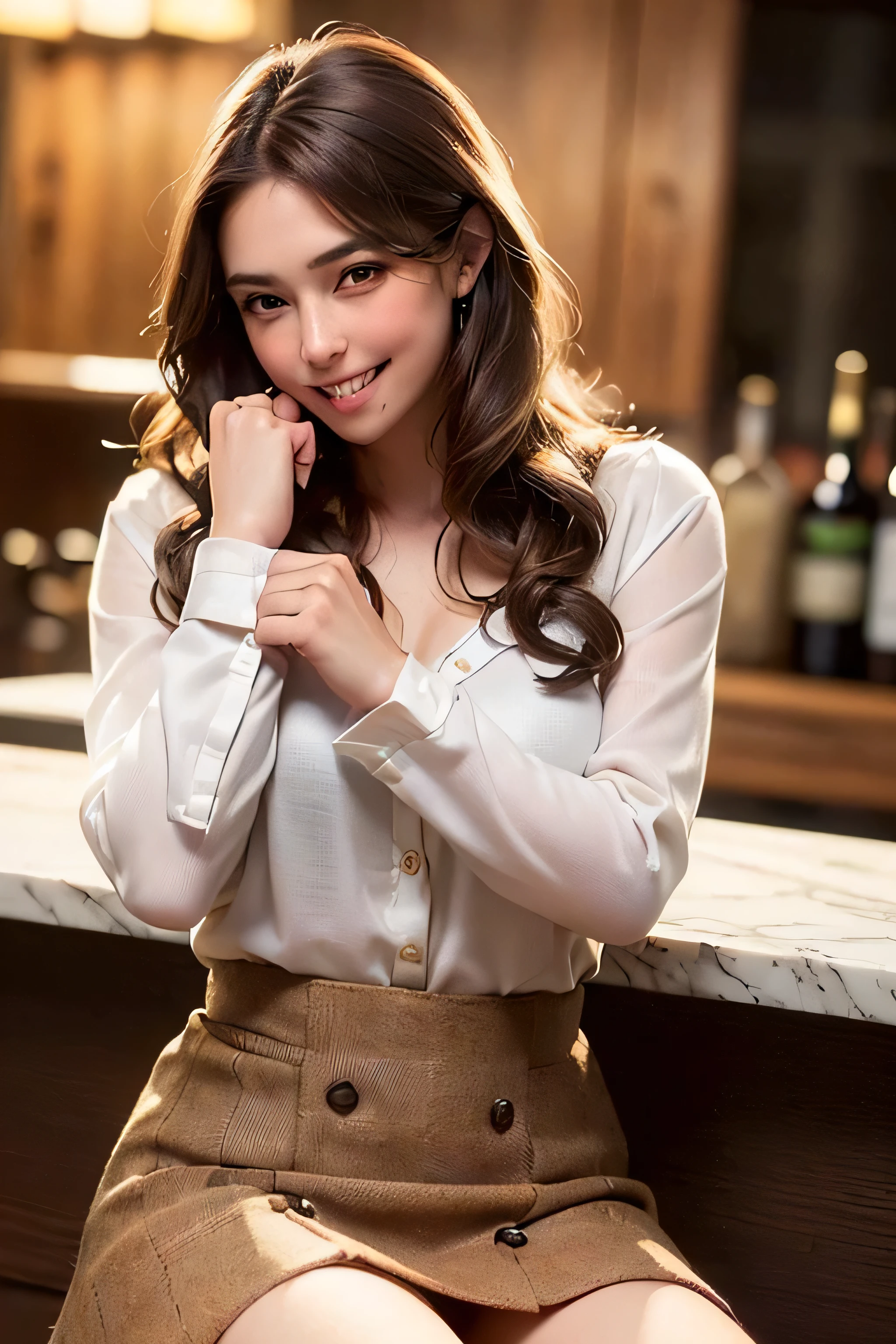 ((Beautiful girls:1.3))((thin_fabric:1.4)) ((Random sexy poses:1.3)) ((Blushing:1.4)) ((chest:1.2)) ((close:1.2)) highest quality,Tabletop,超A high resolution,(Realistic:1.4),RAW Photos,(Real skin texture:1.3),(Film Grain:1.3),Panorama,Portraits,Very wide shot,Tight waist,Cowboy Shot,(In the Dark, Deep Shadow, Low Key, Cold Light,) night,((brown super long hair:1.2)),Tears flow,,Dust,Tyndall effect,(Performance),One Girl,Beautiful and detailed eyes and face,White Jabot,Brown eyes,((Brown Hair:1.2)) ((whole body:1.3)) ((smile:1.3))((Loosely inward wavy hair:1.2))((Extra long brown hair:1.2)),((White long sleeve buttoned blouse_Brown tweed mini skirt:1.3)),((Sits on a bar chair by the counter in a seductive pose in a stylish bar at night:1.1)),((Place your left hand gently on your chin,right hand holding chest:1.3)),((A shy smile:1.3))((Gently bite the thumb of your right hand:1.7))