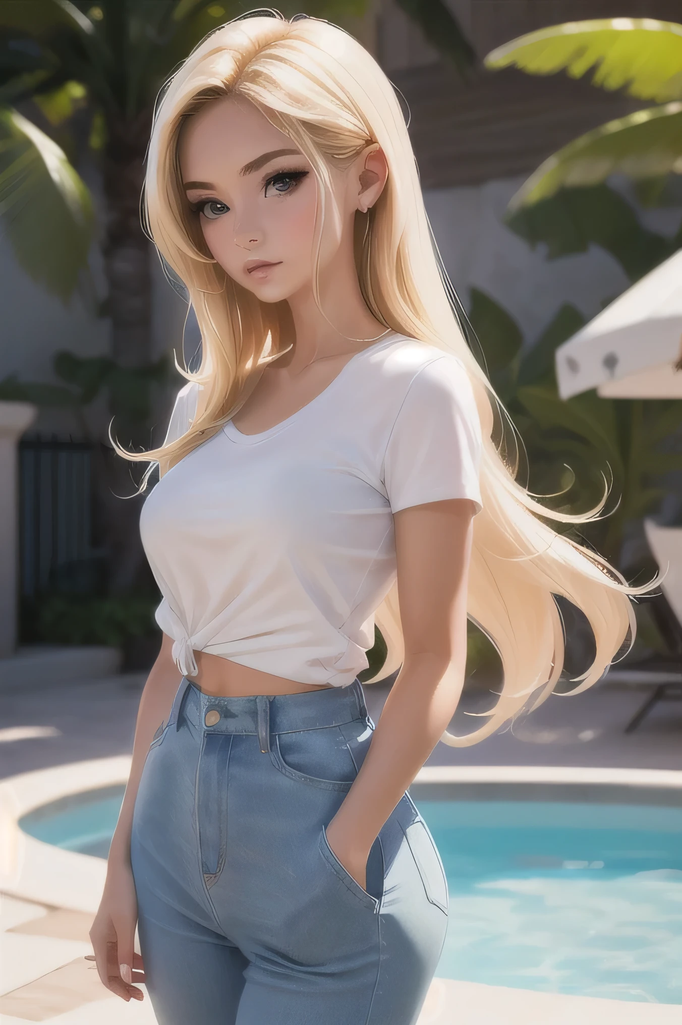 un primer plano de una mujer con una camisa blanca y pantalones azules, camisa apretada, wearing camisa apretada, beautiful Chica rubia, diosa rubia, una hermosa rubia, Chica rubia, usando un lindo top, tapa blanca, hermosa parte superior del cuerpo, muy bonita modelo, hermosa modelo, hermosa modelo girl, chica sexy, vestimenta ajustada, hermosa joven modelo, camisa abierta, hermosa modelo femenina, Dania Du