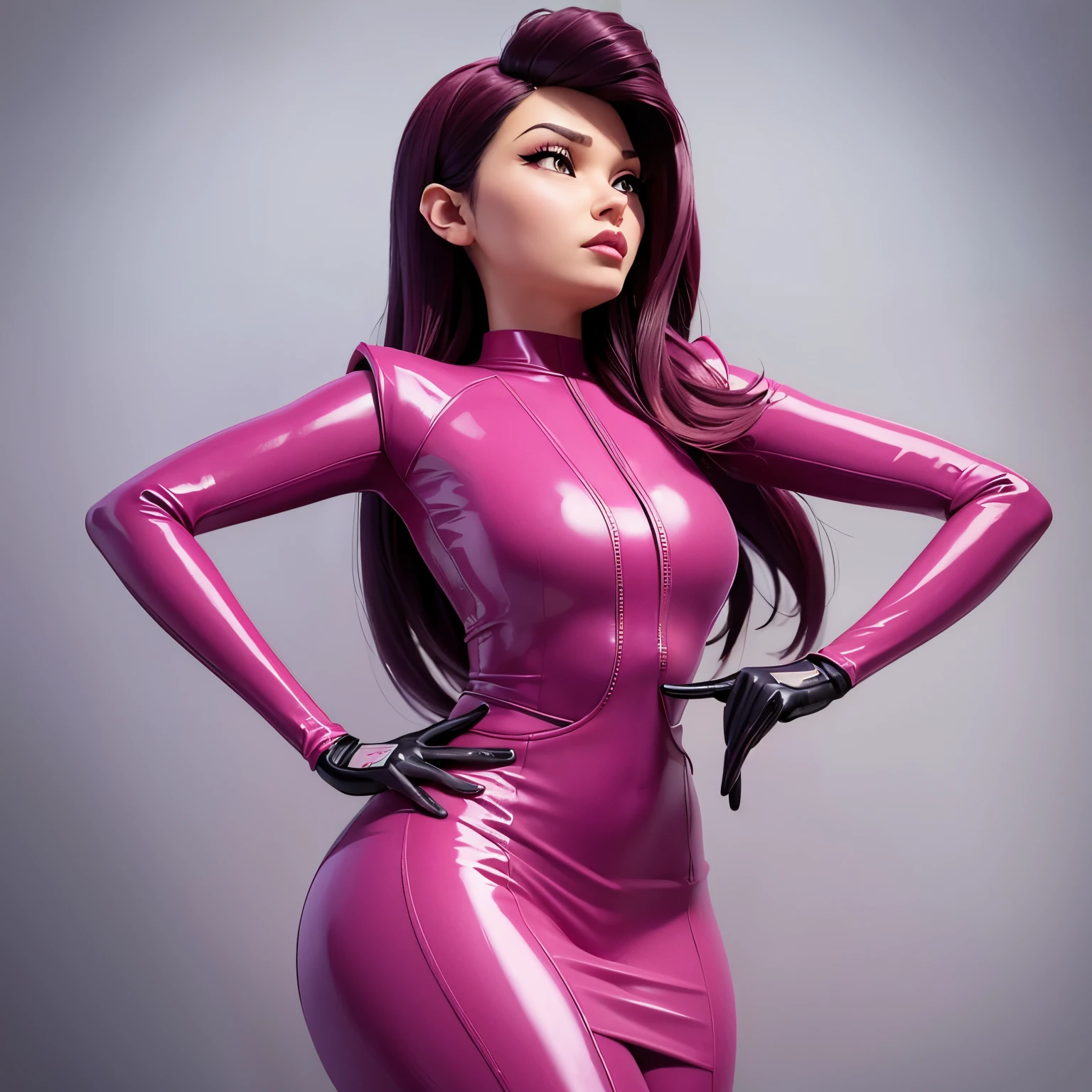 concepto de dominatriz rosa, imagen de retrato Unreal Engine 5 8K UHD de hermosa hembra, full pink latex, pelo liso con flequillo romo, pink tight latex , pendientes, pink latex body straps, long pink latex sock, guante largo de latex rosa, futuristic design, hermoso maquillaje, mejor calidad, Obra maestra, senos