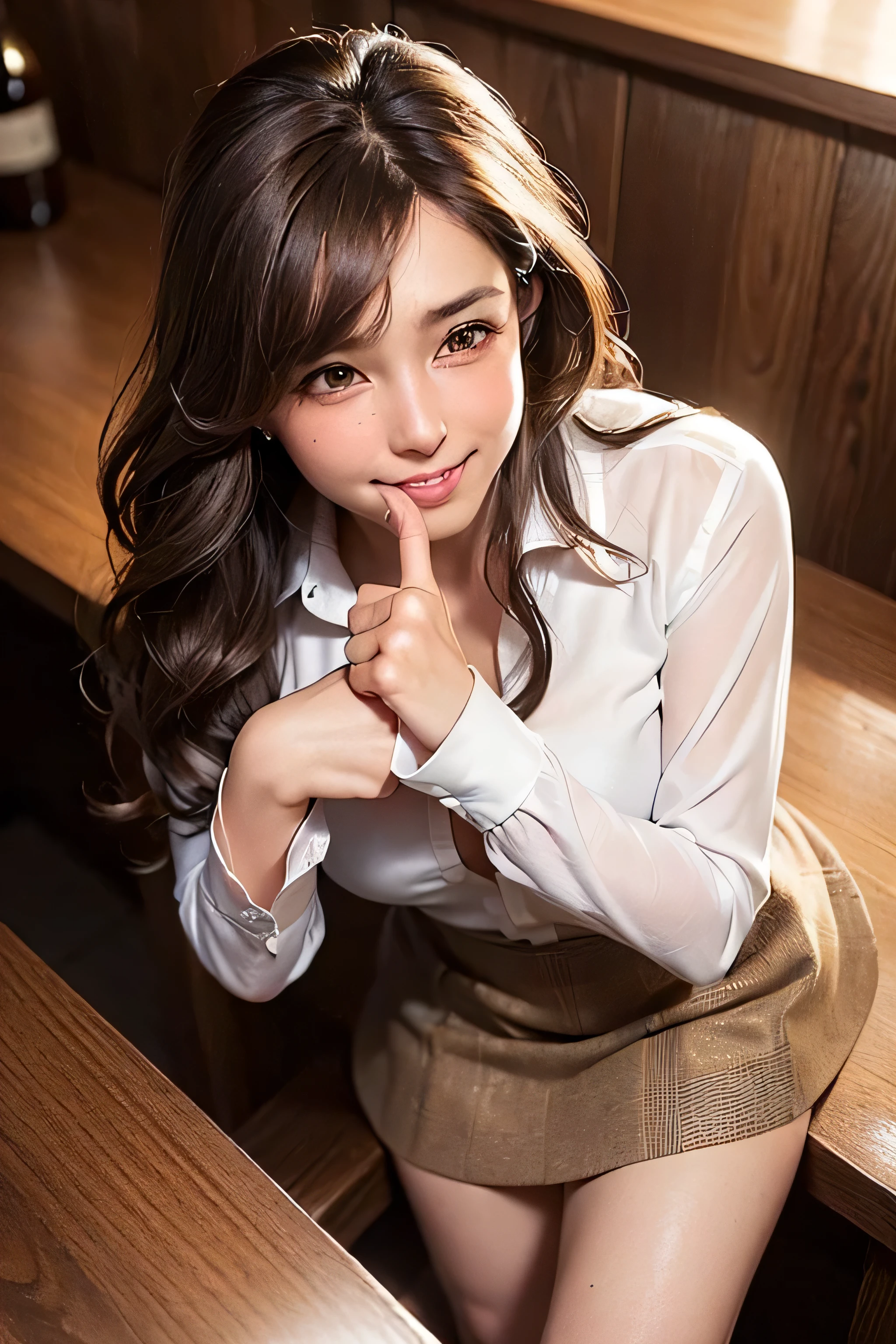 ((Beautiful girls:1.3))((thin_fabric:1.4)) ((Random sexy poses:1.3)) ((Blushing:1.4)) ((chest:1.2)) ((close:1.2)) highest quality,Tabletop,超A high resolution,(Realistic:1.4),RAW Photos,(Real skin texture:1.3),(Film Grain:1.3),Panorama,Portraits,Very wide shot,Tight waist,Cowboy Shot,(In the Dark, Deep Shadow, Low Key, Cold Light,) night,((brown super long hair:1.2)),Tears flow,,Dust,Tyndall effect,(Performance),One Girl,Beautiful and detailed eyes and face,White Jabot,Brown eyes,((Brown Hair:1.2)) ((whole body:1.3)) ((smile:1.3))((Loosely inward wavy hair:1.2))((Extra long brown hair:1.2)),((White long sleeve buttoned blouse_Brown tweed mini skirt:1.3)),((Sits on a bar chair by the counter in a seductive pose in a stylish bar at night:1.1)),((Place your left hand gently on your chin，right hand holding chest:1.3)),((A shy smile:1.3))((Gently bite the thumb of your right hand:1.7))((Directly from above:1.5)),