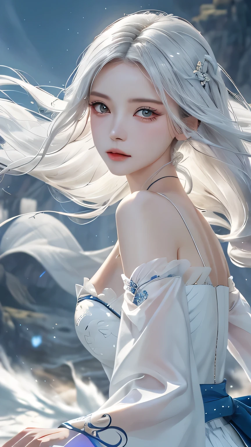 (masterpiece, Highest quality, Highest, Official Art, beautifully、aesthetic, exposed for a long time: 1.2), Smooth movement, Captivating patterns, 1 girl, (Long Skirt with Sleeves: 1.3), A luxurious off-the-shoulder cape, close-up, No shoulders, White haired Korean girl, blush, （White long hair、Long white hair:1.5）, Portraiture, alone,, , Thin legs、Great cleavage, An ennui look, Face close-up, Ultra Wide Angle, gaze observer, Detailed Background, Detailed face, (Crystal AI, Crystal theme: 1.1), Wind Spirit, Spinning wind, Controlling the Wind, Black crystal outfit, Dynamic pose, Suspended particles, Spiritual Power, whirlwind, vapor, whirlwind in background, White Tone, whirlwind, Mysterious atmosphere,
