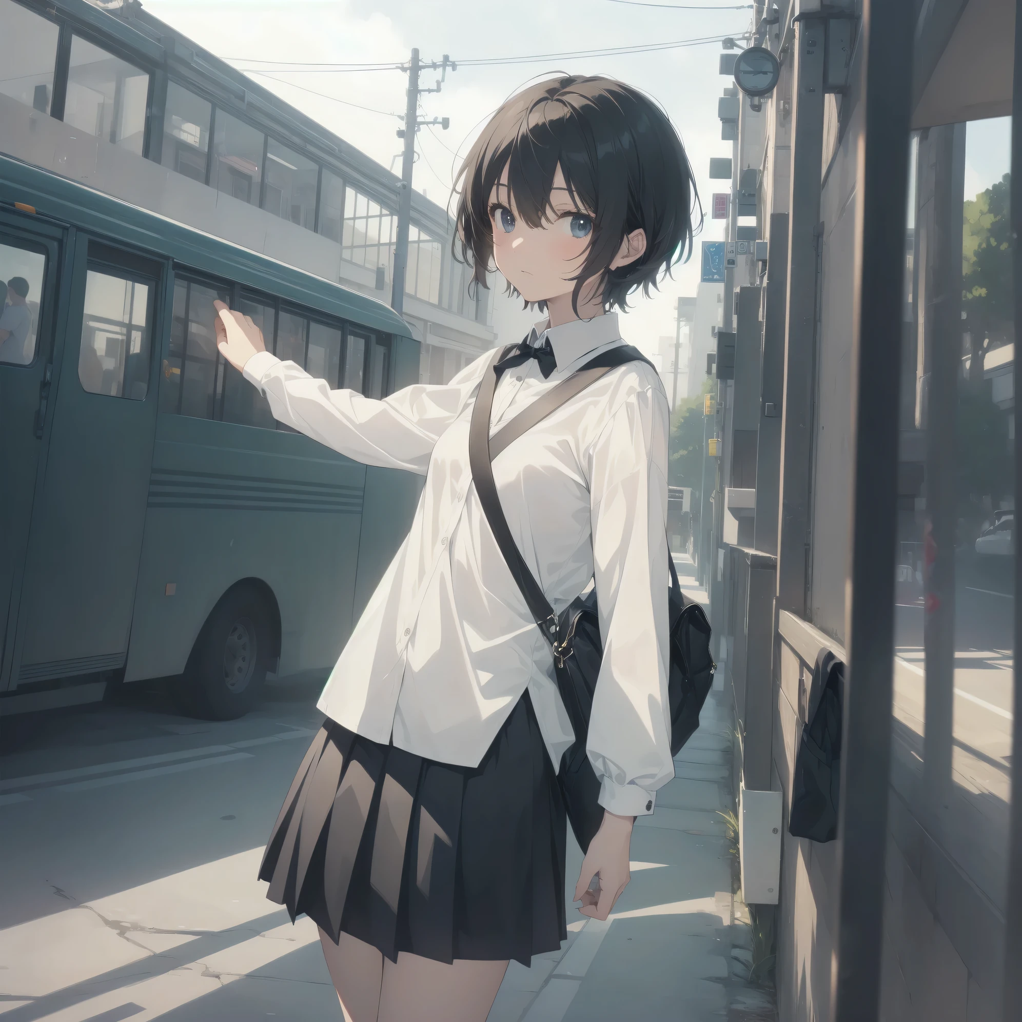 ultra-absurdres-Top quality by artist God, ultra-detailed, high resolution, anime moe artstyle, best anime 8k konachan wallpaper, pixiv contest winner, pool:2810, perfect anatomy,break, 1girl, (Please draw a girl walking sleepily to school alone. )break,(Solo,little female, 13-year-old:1.3),Full limbs, complete fingers,a junior high school student, (very short hair), short cut, flat chest, , small butt, small black eyes, beautiful detailed eyes, well-proportioned iris and pupils, expressive eyes, highres detailed hair, soft expression, school_uniform, bowtie, collared shirt. pleated skirt,(Detailed Lighting), (Detailed background), in the School commute route. break,super detailed skin, Best cinematic lighting powered by famous artist, 8k,beauty illustration,photoshop_(medium),very aesthetic,break,((artist:ningen mame )), artist:bolze ,artist:oyari ashito ,artist:kantoku ,