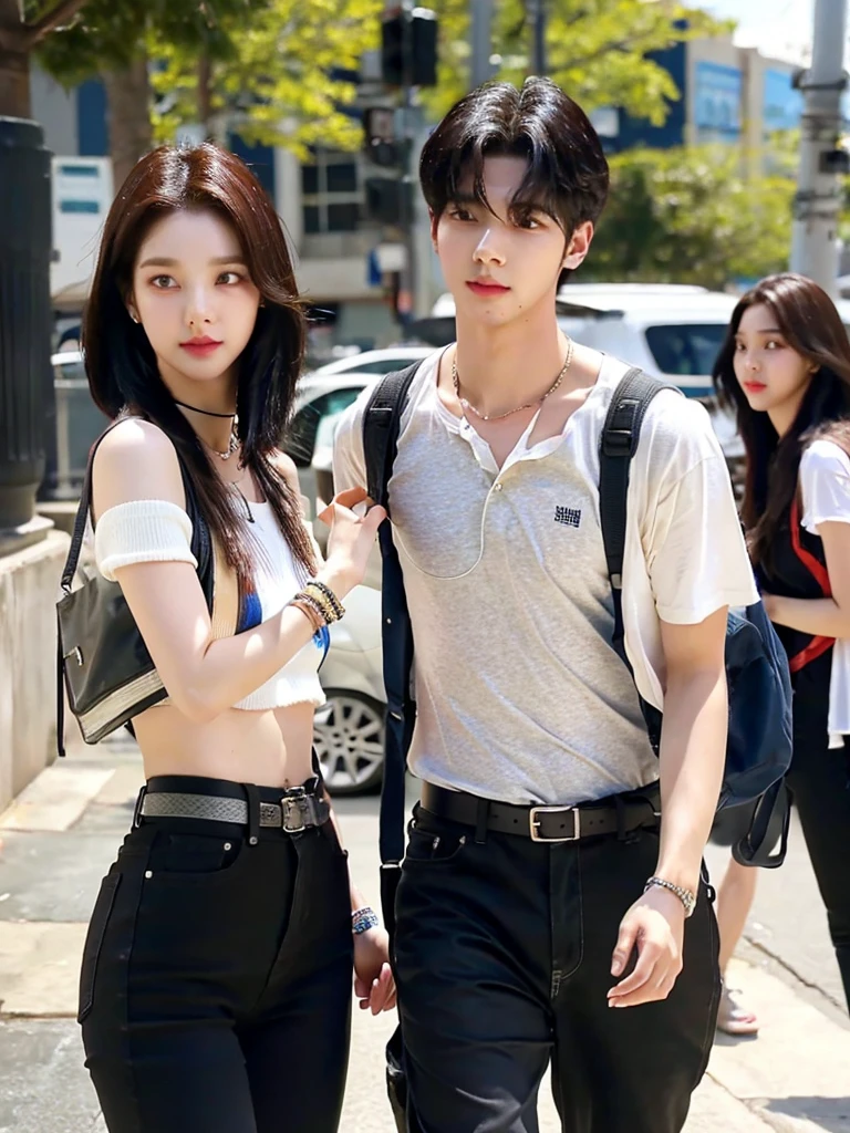 A 20-year-old college student man and woman couple walking together on campus, short hair, medium chest, black hair, bare shoulders, women jewelry accessories, brown eyes, Clear eyes, Dark eyeline, long eyelashes, colorful nail art, black pantyhose, tight miniskirt, Waist belt, Boyfriend wearing shirt and pants, lover, Skinship between a man and a woman, face to face conversation, shy expression
