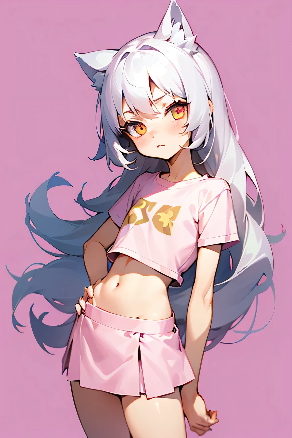1girl, silver hair, golden eyes with pupils, ((skinny)), ((petite)), short,  small, ((neko)), (cropped solid pastel pink tshirt), long hair, short skirt, (((???))), cat ears, happy, blush, flat chest, midriff, at school, hand on tummy
