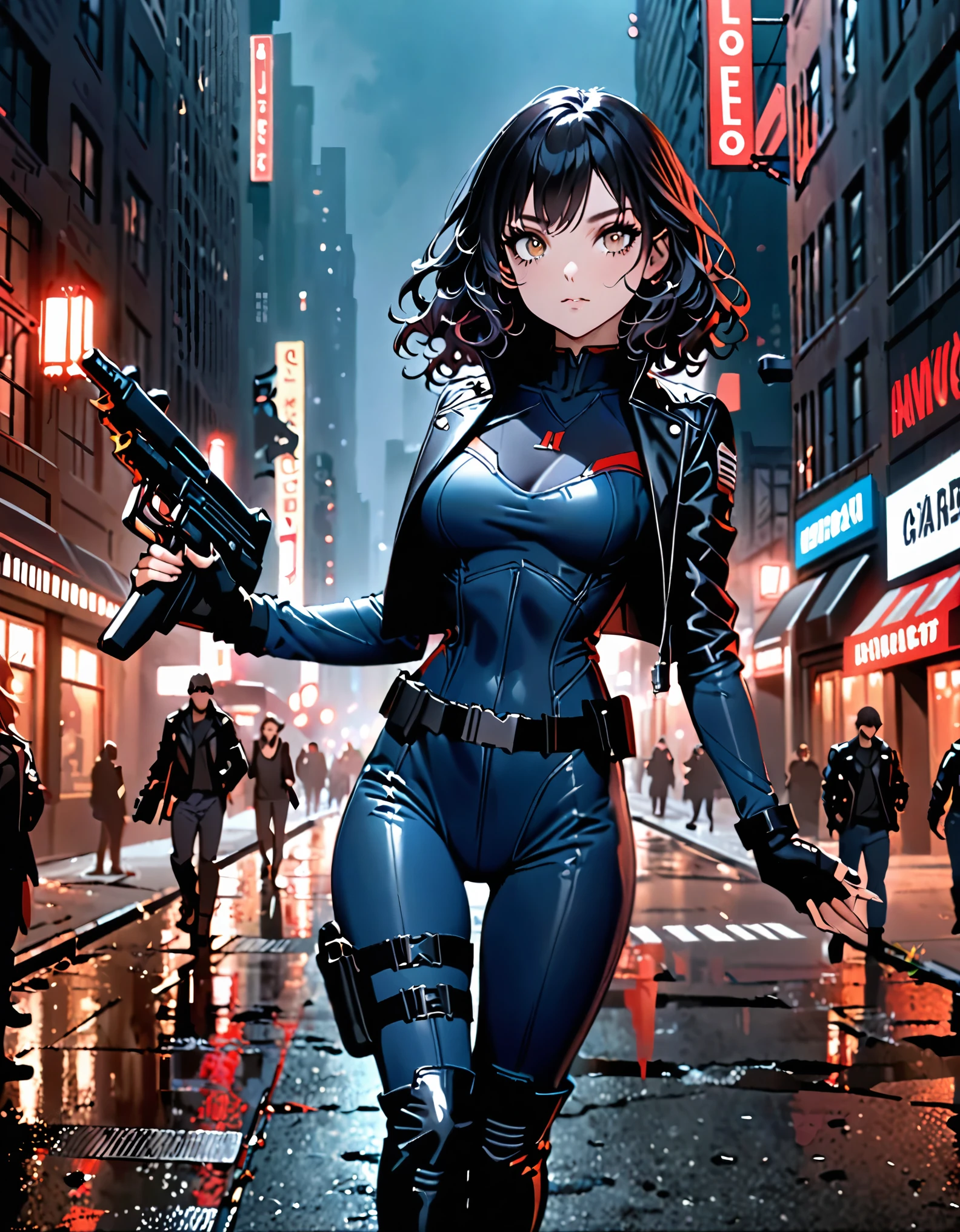 best quality, masterpiece, highres, 1girl, (solo, solo focus), (blue bodysuit, red bodice, black boots), carrying an uzi, (black leather jacket), fingerless gloves, black hair, short hair, wavy hair, hazel eyes, beautiful detailed eyes, beautiful detailed face, (perfect hands), perfect anatomy, perfect proportions, medium breasts, New York street backdrop, night noir atmosphere