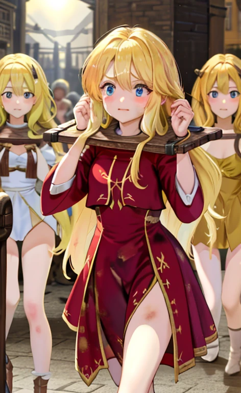 Completely naked　Beautiful long blonde hair　Embarrassing　Tears overflow from my eyes　pillory　3girls　dirty　walking in the crowd　Medieval town