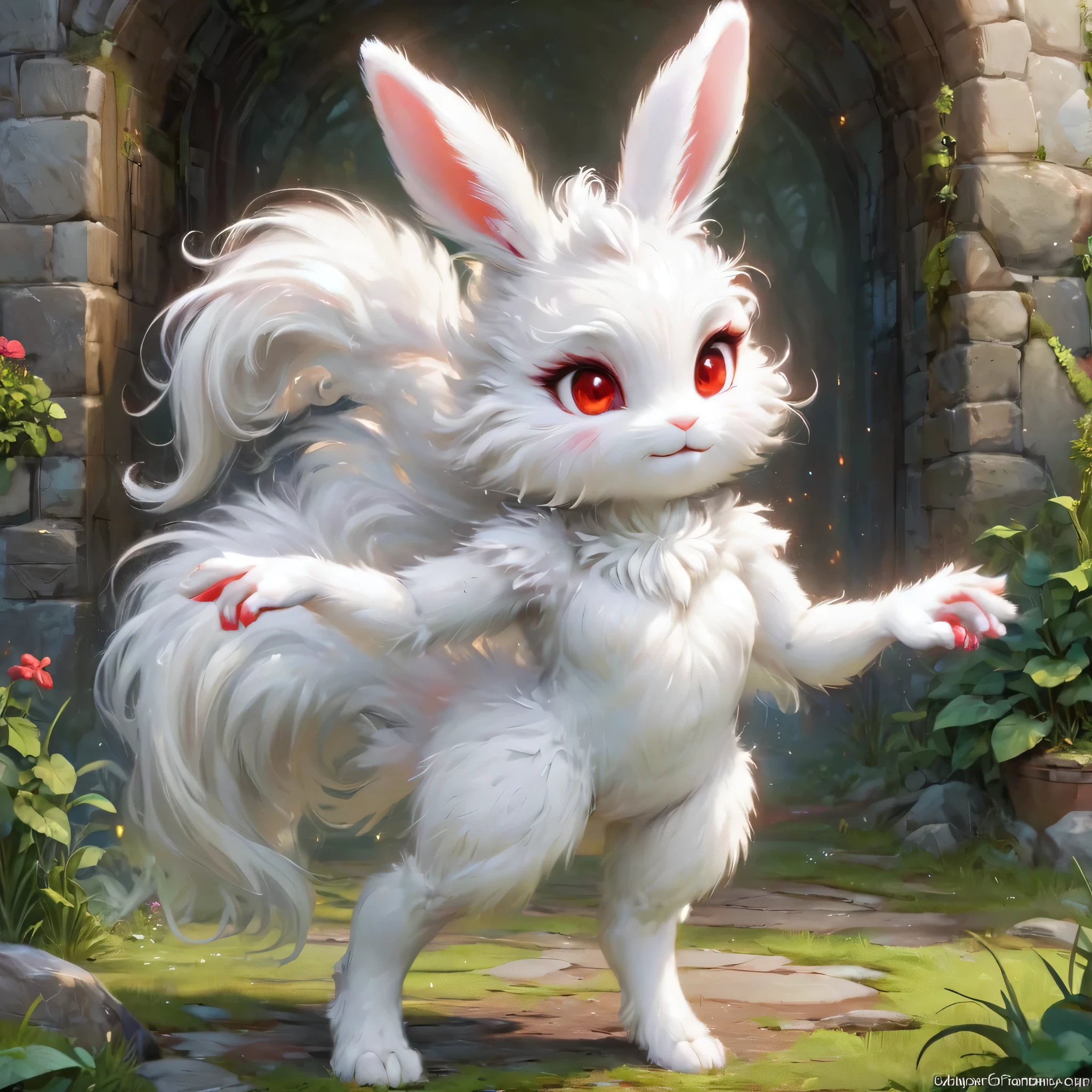 fantasy art , 8K, HD, Creature magic,white,red eyes,male,cute,pretty,standing,anthro,white furry,looking in the camera,fluffy hands,masterpiece,perfect art,rabbit vs pony female,