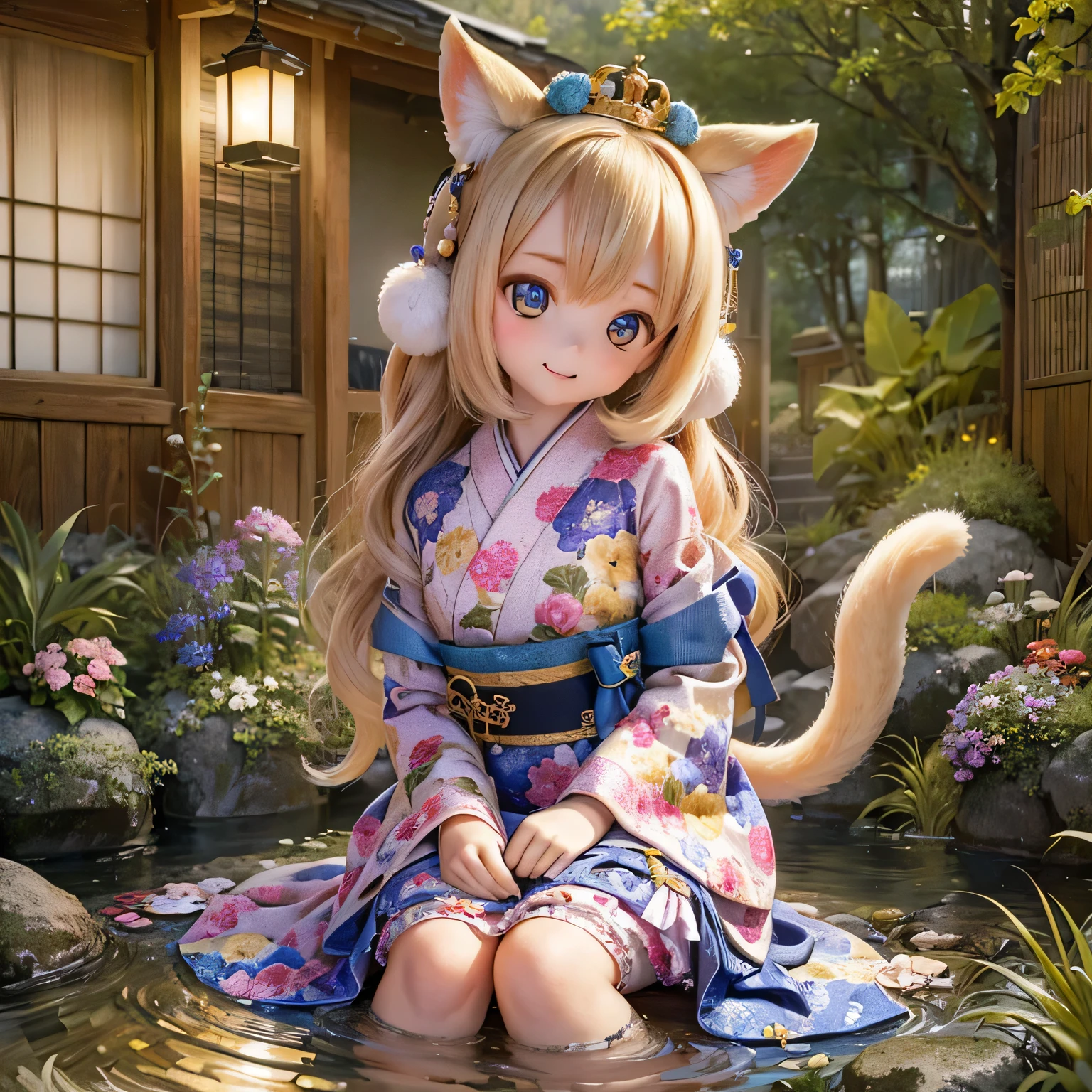 A girl in a beautiful garden, surrounded by vibrant flowers and lush greenery. The girl has sparkling eyes and a sweet smile, with rosy cheeks adding to her charm. She is wearing a traditional yukata, decorated with delicate patterns and vibrant colors. The yukata fits her  figure perfectly and enhances her innocence. 

Next to the girl, there are two adorable shiba inu puppies, their fluffy tails wagging with excitement. They have expressive eyes and fluffy fur, making them irresistibly cute. One of the puppies is wearing a tiny bow on its head, adding a touch of playfulness to the scene.

The garden is located near a serene hot spring inn, with steam rising from the natural springs. The inn is nestled among bamboo trees, creating a peaceful and relaxing atmosphere. The sound of flowing water can be heard from a nearby stream, further soothing the senses. The hot spring water is said to have healing properties, providing a rejuvenating experience for visitors.

The artwork is created using a combination of traditional Japanese painting techniques and modern digital rendering, resulting in a stunning blend of styles. The colors are vivid and vibrant, with intricate details that bring the scene to life. The artist has paid close attention to every element, ensuring a high level of detail and realism. 

The overall mood of the artwork is warm and inviting, with soft, natural lighting illuminating the garden and the characters. The colors are rich and harmonious, with a slight emphasis on warm tones to create a cozy and inviting atmosphere. 

(best quality, 4k, highres, photorealistic:1.37), ultra-detailed, HDR, professional, vivid colors, portraits, Japanese traditional art style, soft lighting.