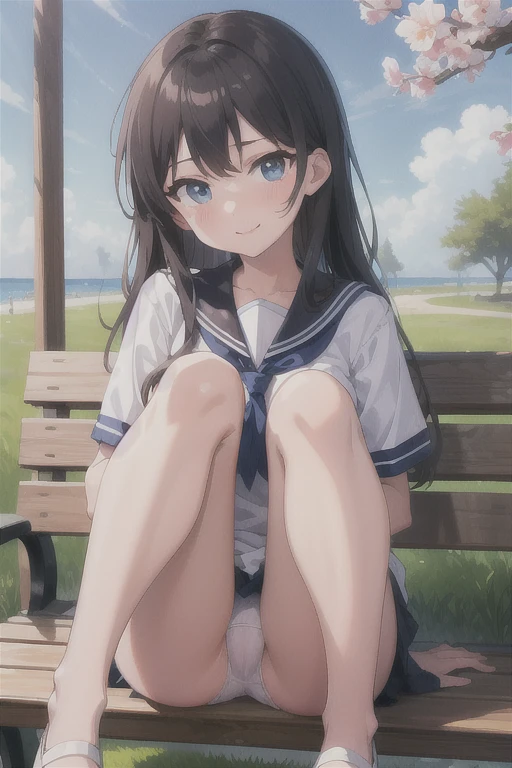 highest quality、Super Resolution、8K,(masterpiece:1.3), (Absurd:1.3), (highest quality:1.3), (Very detailed:1.3), One girl, View your viewers, smile, Outdoor,Photographed from the perspective of looking up at her feet, Summer sailor uniform,ailor collar,、Sit on a bench、She spreads her legs and shyly shows her panties、She shows off her white frilly panties to the viewers.、