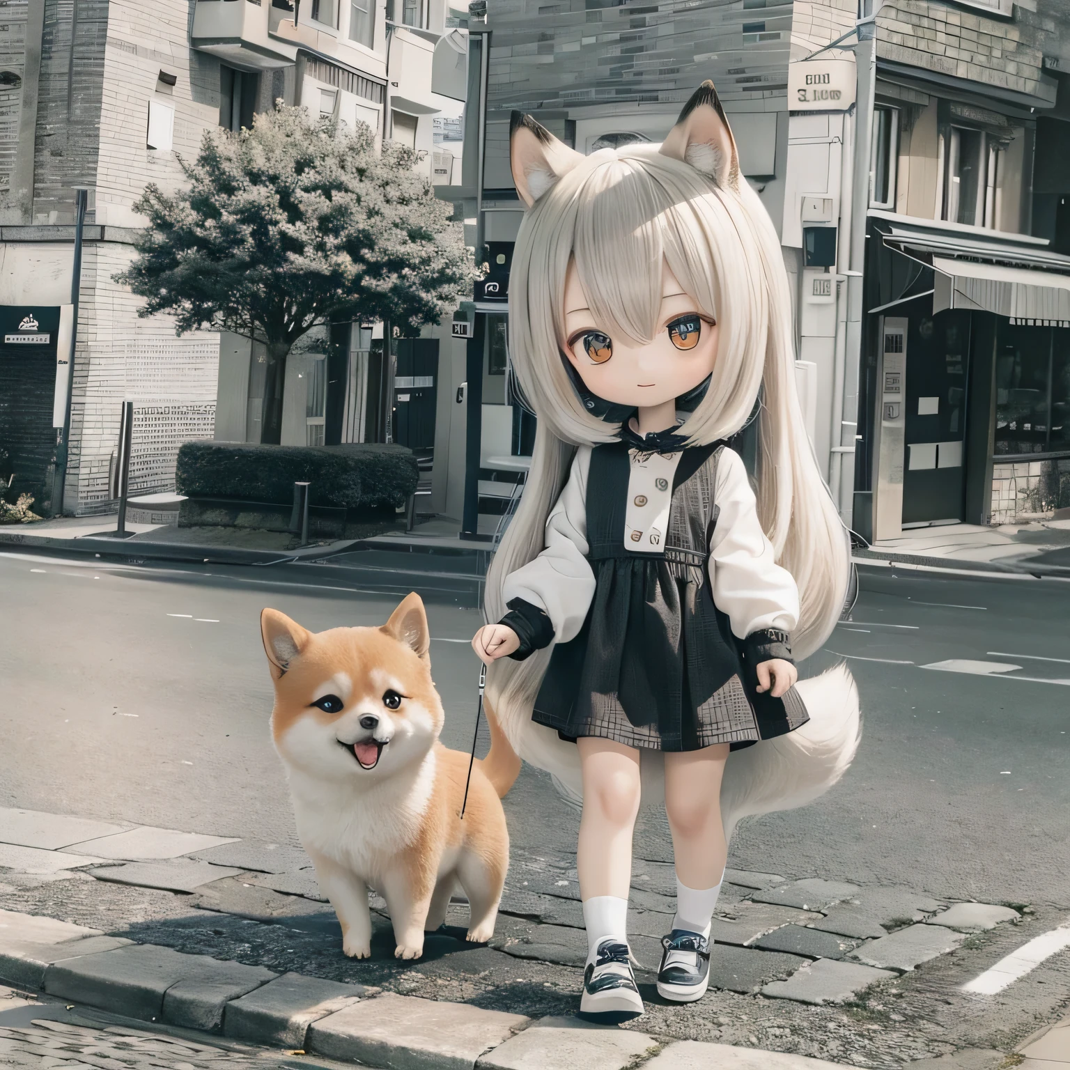 Chibi, a Shiba Inu girl walking on a lead with a girl