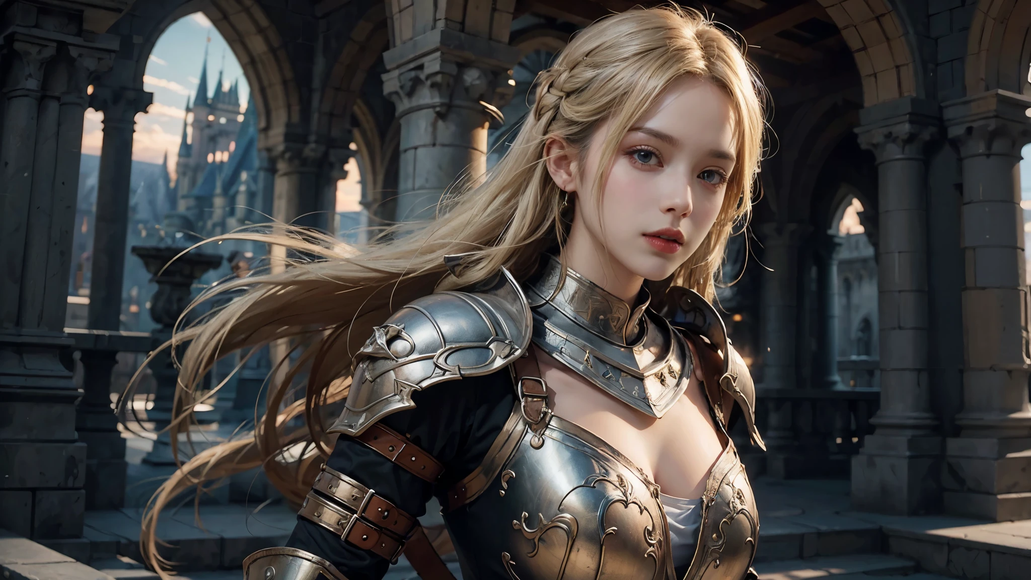 individual, Very beautiful blonde girl, Gorgeous armor,Complex patterns,, Very detailed,Large Breasts, Deadly Face, Mouth tightly shut,With a big sword,Sharp focus, Disney Castle in the background,Sunset, Concept Art, Very detailed, Realistic, Octane Rendering, Unreal Engine, Depth of Field, Pentagonal Bokeh,dramatic,Half-length shot,Looking at the camera