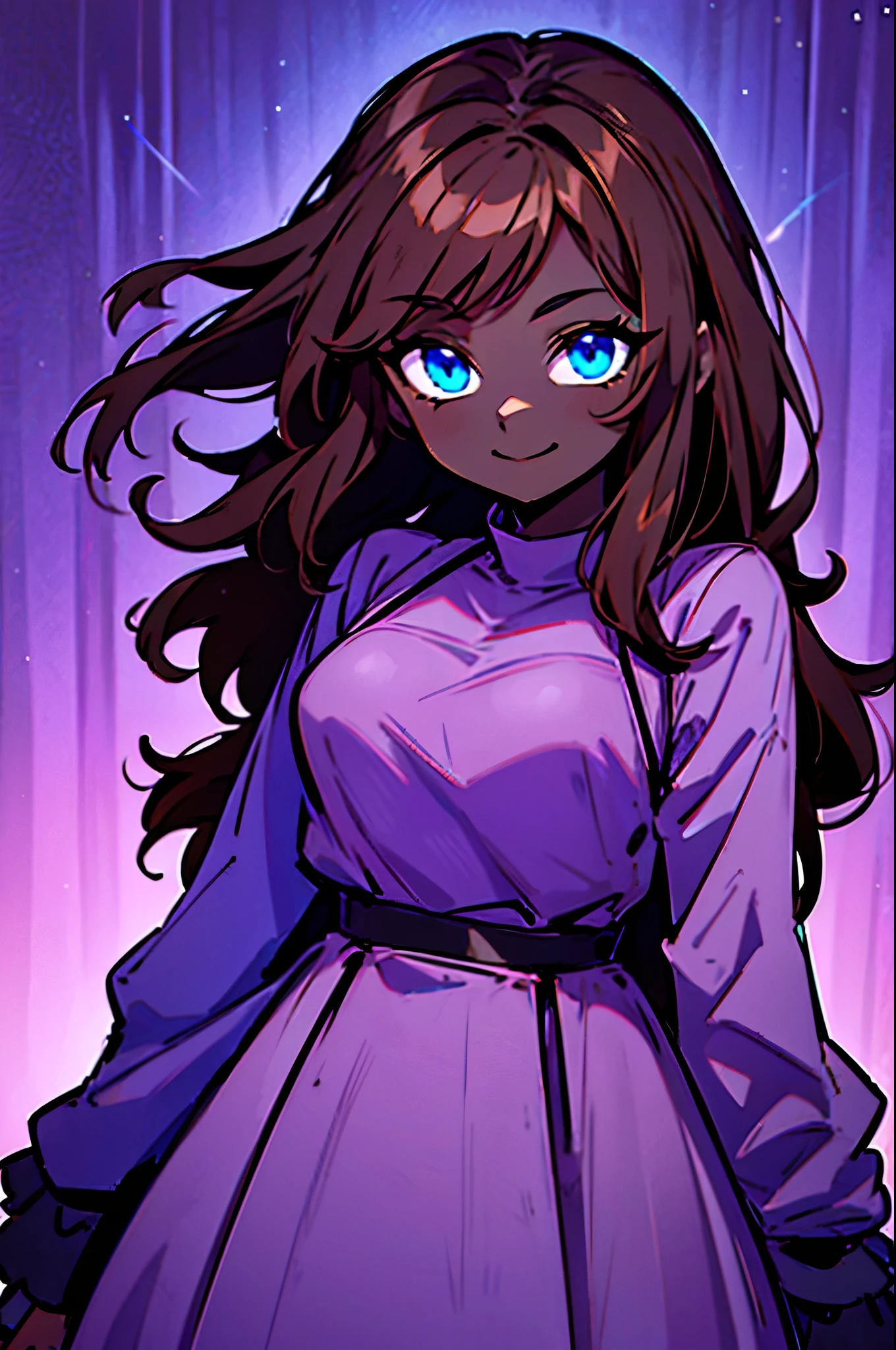 black skin, blue eyes, fluffy brown hair, smile, purple dress, teenager
