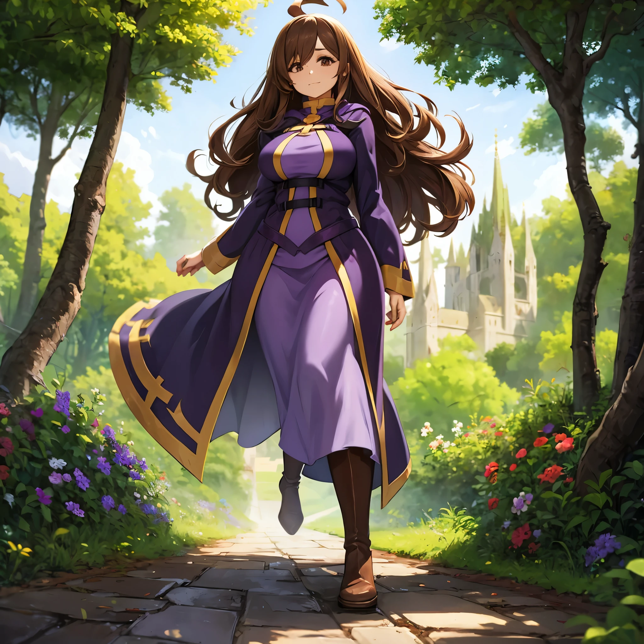 a woman wearing a purple sorceress dress, brown boots, brown hair, brown eyes, an ahoge, walking on a medieval road, with trees and an open field., HDR , ultra resolution, sharp, masterpiece, 8K HD (solo woman)
