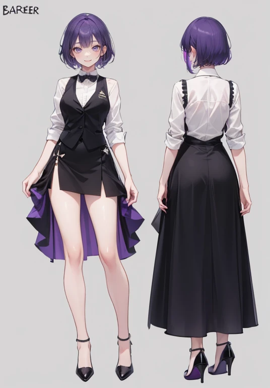 ((Perfect Face)),Purple Hair,short hair,1 female,bartender,,Black vest,skirt,slit,High heels,((Simple light color background)),((smile)),((Full Body)),((full body)),Portraits,Character Sheet,upright,expensive