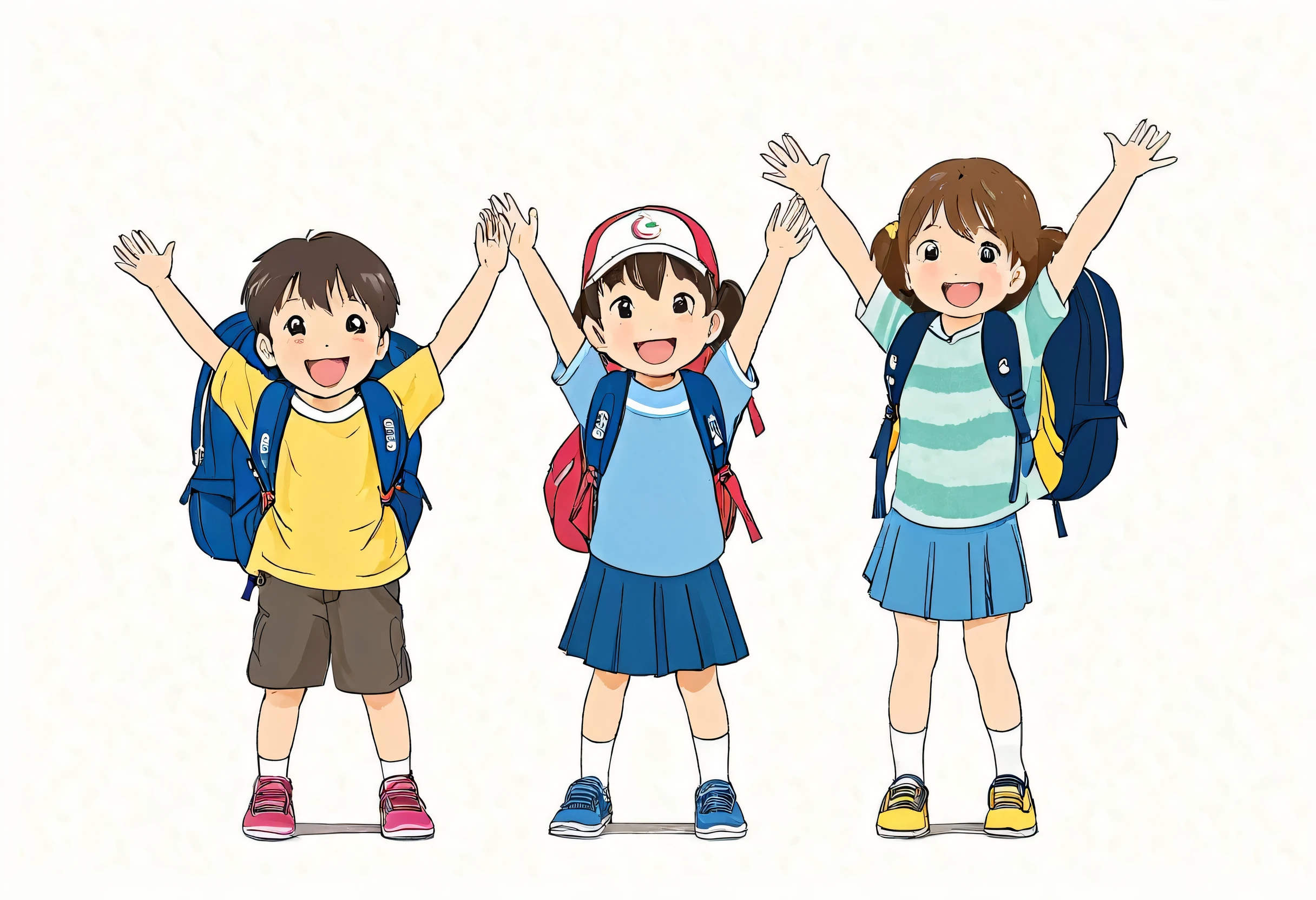three Children with backpacks and school bags waving, No Gradient, , by Ayako Rokkaku, , abcdefghijklmnopqrstuvwxyz, Children, 2995599206, Happy!!!, Watanabe Kazan, by Oka Yasutomo, Illustration