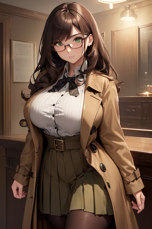 ((masterpiece)), (best quality:1.7), (detailed:1.4), (high res:1.4), 8k, (colorful:1.5), high resolution, sharped image, 4k, hd, (beautiful detailed background:1.2), (beautiful lighting:1.2), (highly detailed:1.2), perfect lighting, (8k wallpaper:1.2), (highly detailed:1.2), (extremely detailed CG:1.2), ((dark brown medium long straight hair with bangs covering an eye)), (hair bangs covering one eye), ((only dark brown hair)), ((large chest)), ((busty)), curvy figure, (((hazel-green eyes))), (((detective outfit with brown tan trench coat and button blouse and a long length pleated skirt and long stockings))), glasses, serious expression, mature, 30 year old, human adult, tall, fullbody