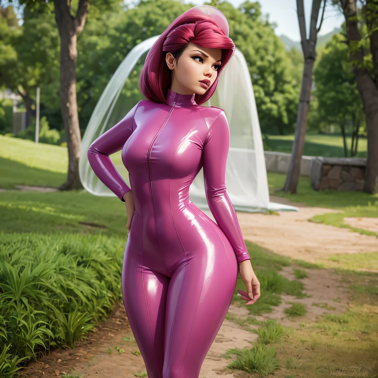 concepto de dominatriz rosa, imagen de retrato Unreal Engine 5 8K UHD de hermosa hembra, full pink latex, pelo liso con flequillo romo, pink tight latex , pendientes, pink latex body straps, long pink latex sock, guante largo de latex rosa, futuristic design, hermoso maquillaje, mejor calidad, Obra maestra, senos