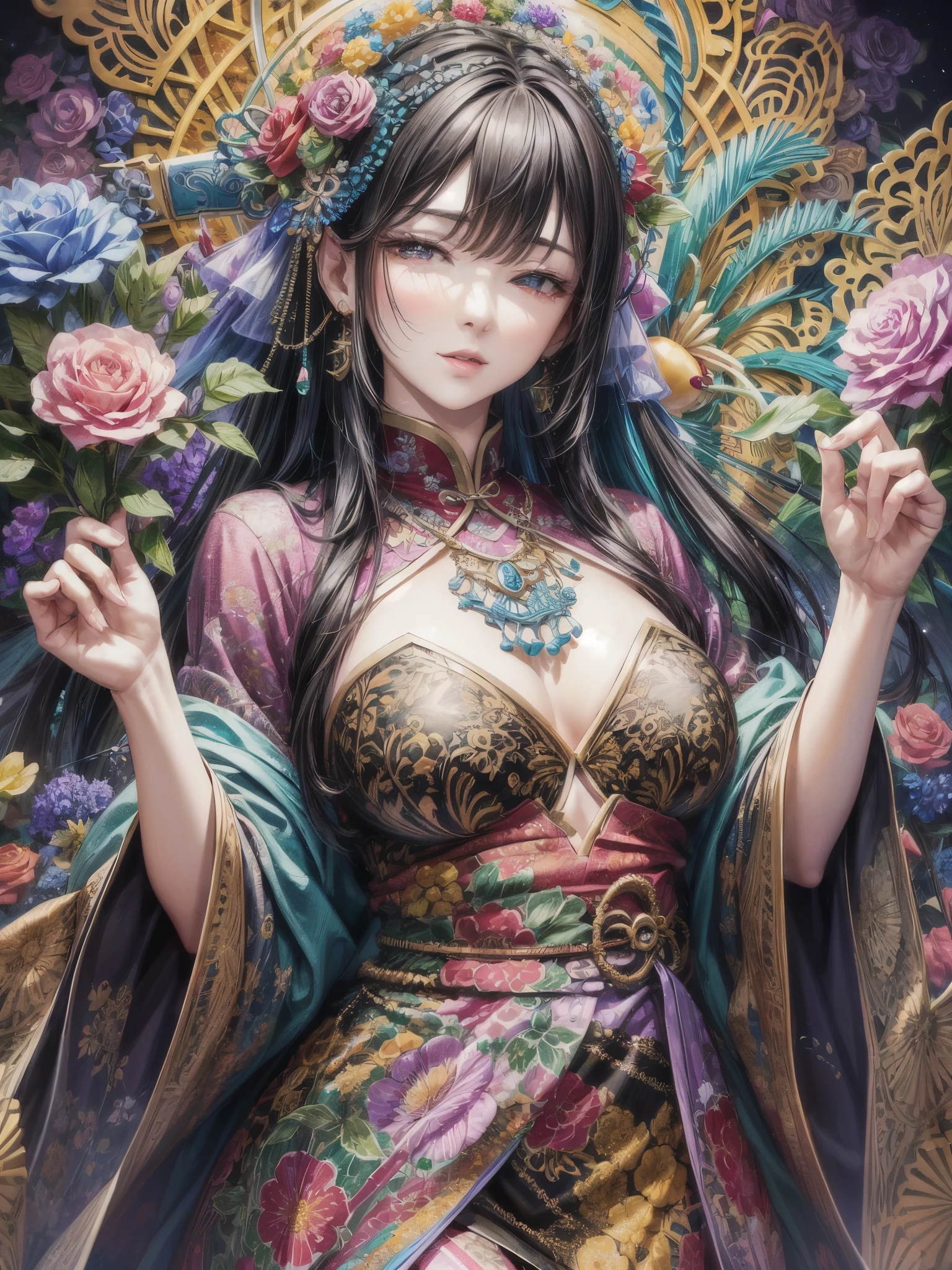(masterpiece, top quality, best quality, official art, Beautiful and beautiful:1.2), (1 Girl:1.3), Extremely detailed,(Fractal Art:1.1),(rich and colorful:1.1)(Flowers:1.3),The most detailed,(Zentangle:1.2), (Dynamic poses), (Abstract Background:1.3), (Chinese Traditional Cloth:1.2), (Glowing skin), (Many colors:1.4), ,(earrings:1.4),