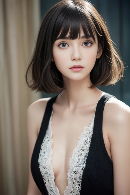(((masterpiece, highest quality, Super detailed))), 1 female, (((very thin body))) , (((length, thin legs))), (((black short hair, thick and fluffy bangs ))), (((highly detailed face))), cosmetics free, small and thin nose, small thin mouth, (((Very sharp focused eyes))), Japanese, beautiful face, (lifelike face), beautiful hairstyle, realistic eyes, fine and beautiful eyes, (real looking skin), beautiful skin, charm, Photo shoot that recreates Tim Burton'world view、The mysterious Colorful costume is also one of the highlights..。Victorian style Colorful dress and suit、Design with gothic elements.。Accessories include leather items and studs.、chain is important。model'You can also create a spooky and unique hairstyle..。High image quality、Capturing every detail clearly、,、Use a bright and vibrant color palette。As background:、Colorful cityscapes and fantastic locations that appear in the work..、Creates images with Tim Burton's signature dark shadows and bizarre details。.。