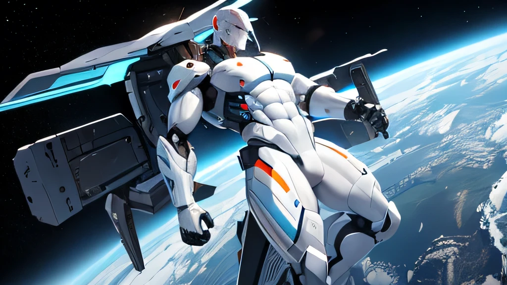 cyborg Machine Body White body Full body white muscular sensual sexymale robot muscla Black haired handsome man looking at camera Mega Bulge Muscular Suit Background Earth seen from space