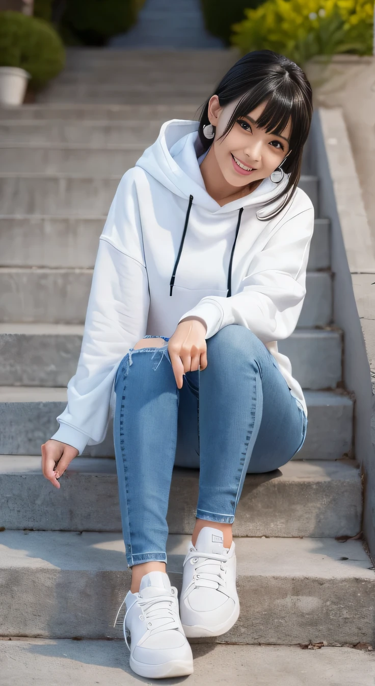 highest quality, Realistic, Very detailed, Finer details, High resolution, 8k wallpaper, One beautiful woman,Sit on the stairs、 Oversized hoodie, Skinny jeans, White sneakers,Putting on socks、Black Hair、 hairstyle semi long、Beautiful Bangs、ear piercing、smile、Beautiful teeth alignment、Perfect dynamic composition, Beautiful and detailed, Full Body Shot, A big smile
