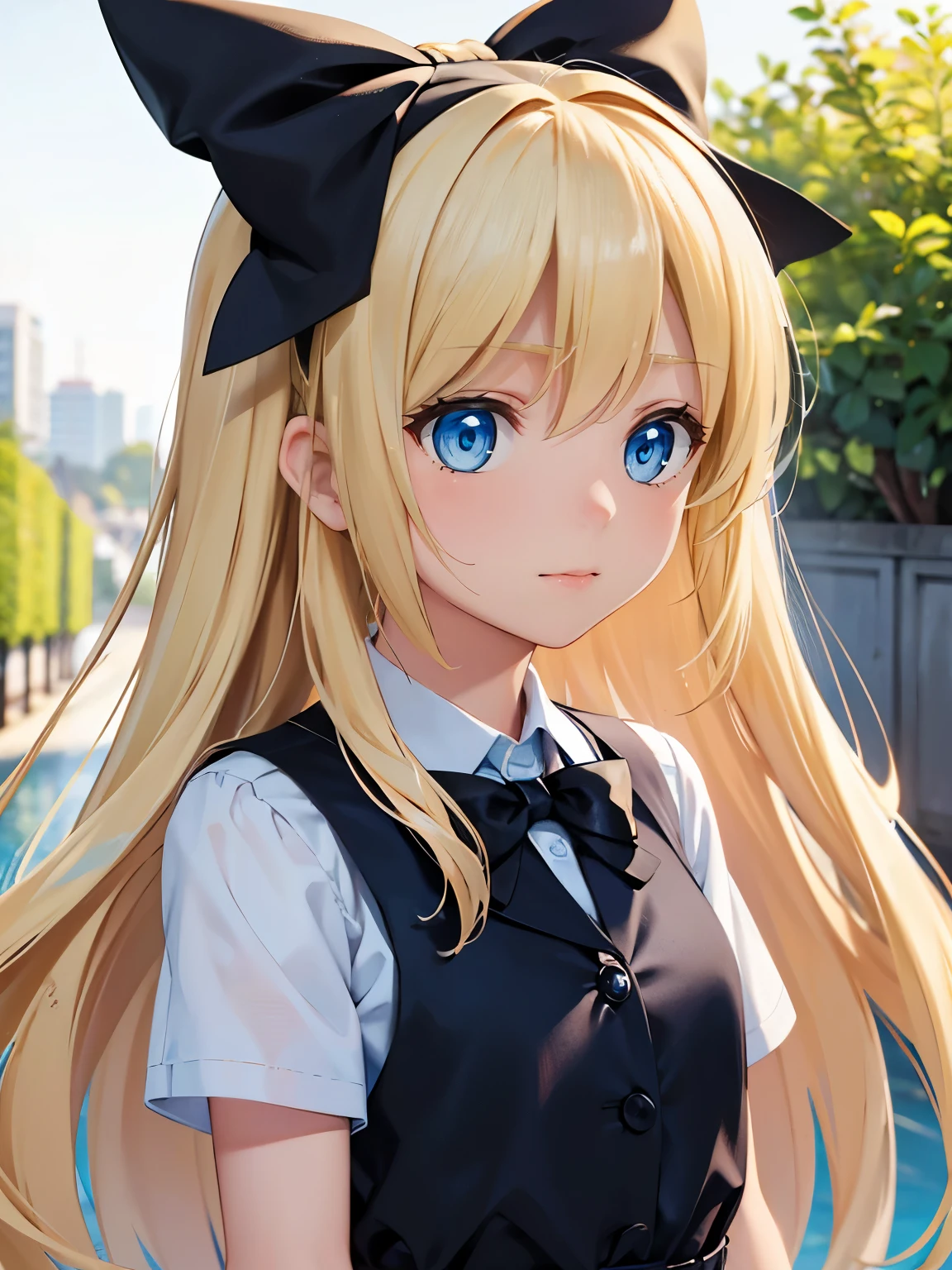 Blonde, long hair, blue eyes, black hair bows, two bows, blue shirt, white shorts, nervous, portrait, closeup, day, outside, short, woman, light blue shirt