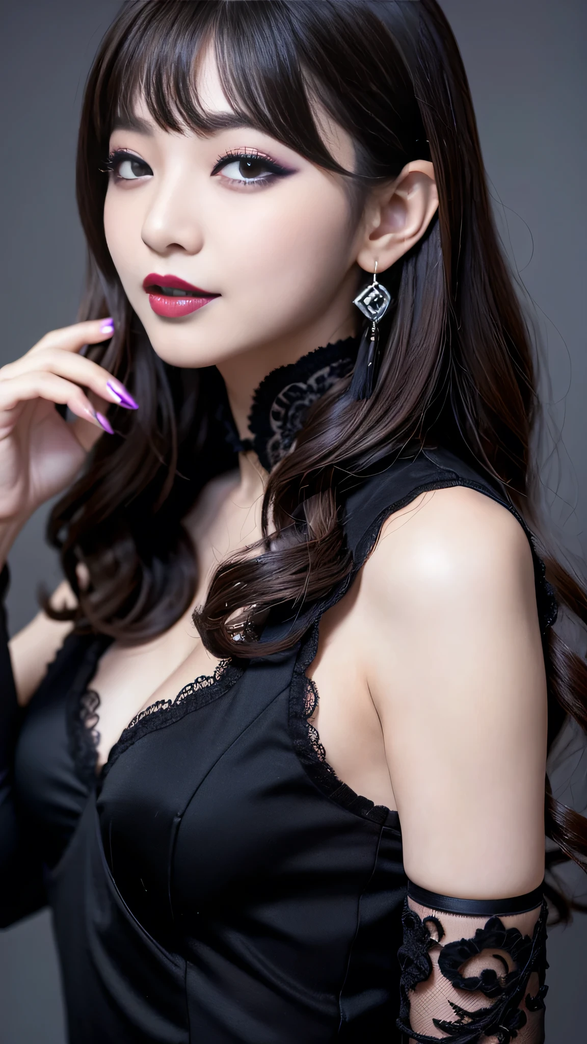 best quality、ultra-detailed、4k、Japanese、Seductive beauty、seductive adult woman、Pretty Woman、cool girl、Villainess、brainwash、Fallen into evil、smirk、Evil look、Wicked Smile、evil、Brown hair、wavy hair、swept bangs、dark makeup、dark makeup、piercing eyes、hollow eyes,half-closed eyes、Hollow Eyes、Purple Eyeshadow、black lipstick、black lipglos、Long Black Cheongsam、night、inside darkroom、Lipstick Brush