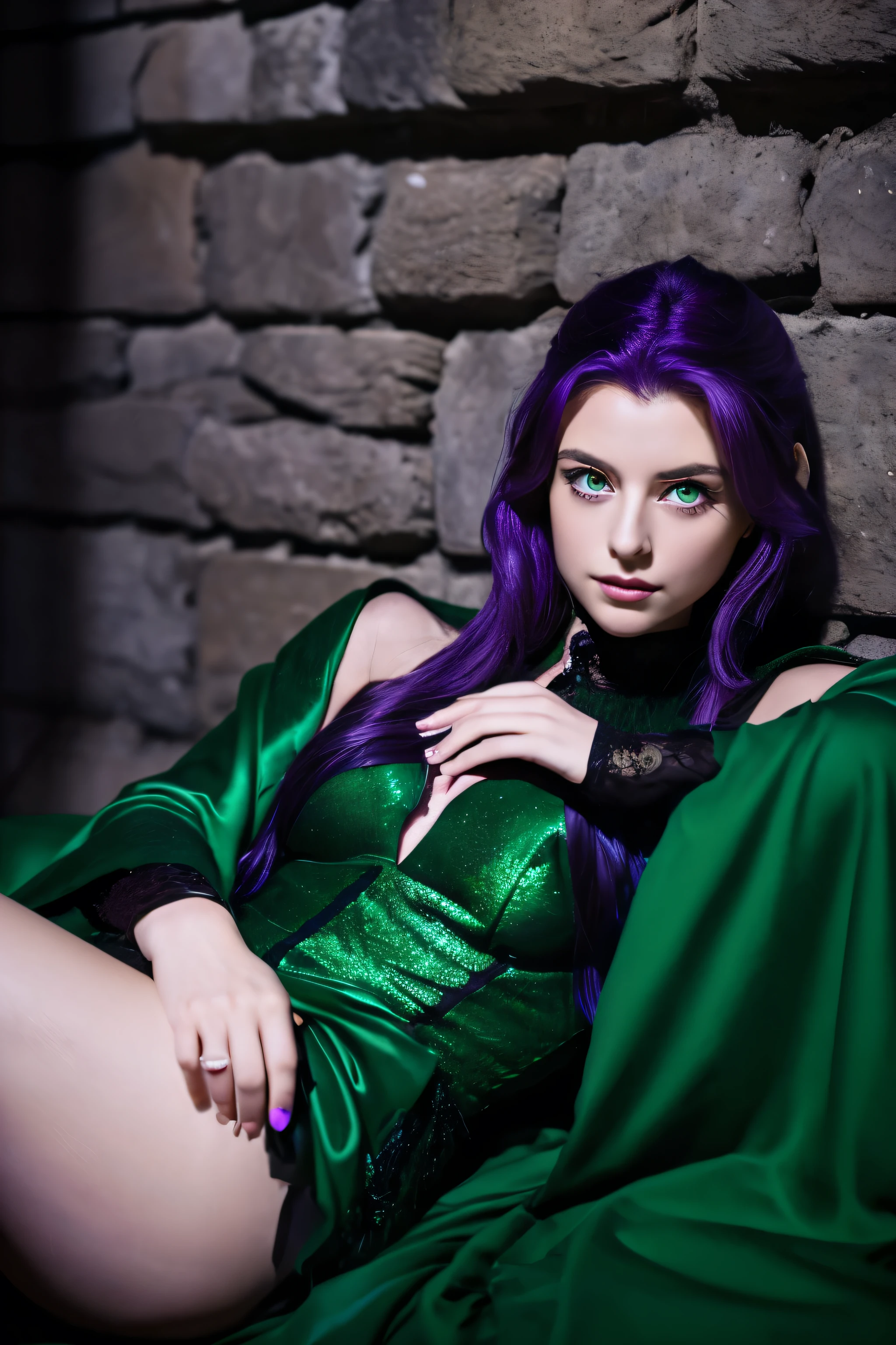 (8k, highest quality, masterpiece:1.2),(highest quality:1.0)、Beautiful French woman reclining、Green Eyes、Purple Hair、Inside the dark walls of a medieval castle、Attractive legs、Black clothes、night、darkness、