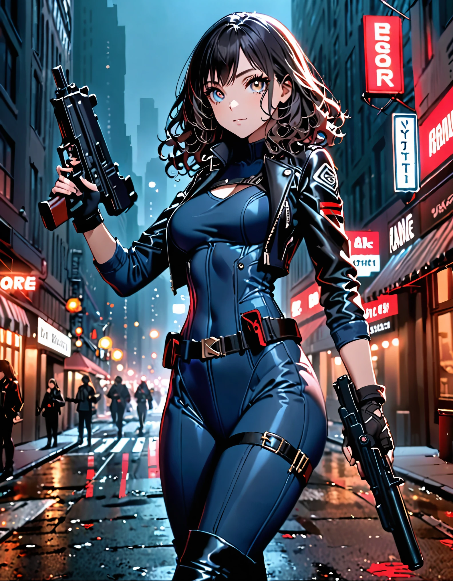 best quality, masterpiece, highres, 1girl, (solo, solo focus), (blue bodysuit, red bodice, black boots), carrying an uzi, (black leather jacket), fingerless gloves, black hair, short hair, wavy hair, hazel eyes, beautiful detailed eyes, beautiful detailed face, (perfect hands), perfect anatomy, perfect proportions, medium breasts, New York street backdrop, night noir atmosphere