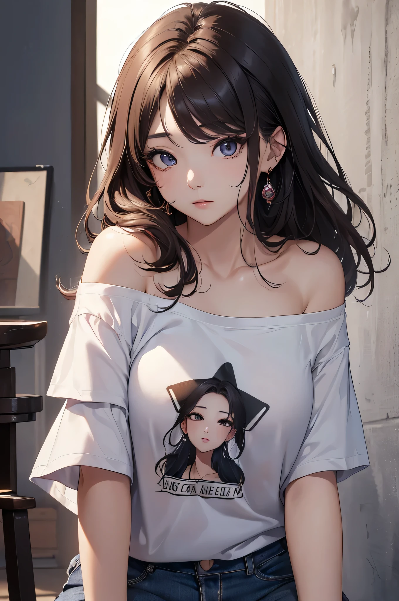 (((masterpiece))),(((High resolution)))、(((8K quality)))、(((perfect face)))、(((Korean idol)))、30 years old, ((off shoulder T-shirt)), look at the camera, ((top quality eyes)), detailed face, (detailed texture), look at the camera, cum, thighs
