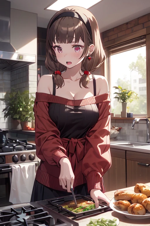 masterpiece, yor, 1girl, Amazing Cleavage:1.3, thin waist, big ass, Raised sexy, medium breast: 1.8 posed cleavage:1.2、solo, looking at viewer, open mouth, have a cup of coffee,black hair, red eyes, dress, bare shoulders, jewelry, collarbone, sidelocks, hairband, earrings, indoors, off shoulder, :o, sweater, arms behind back, plant, short hair with long locks, white hairband, off-shoulder dress, sweater dress, off-shoulder sweater, red sweater, big side hair, very long side hair,is rendered in (masterpiece: 1.2, best quality), with (ultra high resolution) and an exquisite (depth of field). This masterpiece is not only visually stunning but also tells, teach of cooking ,in the kitchen