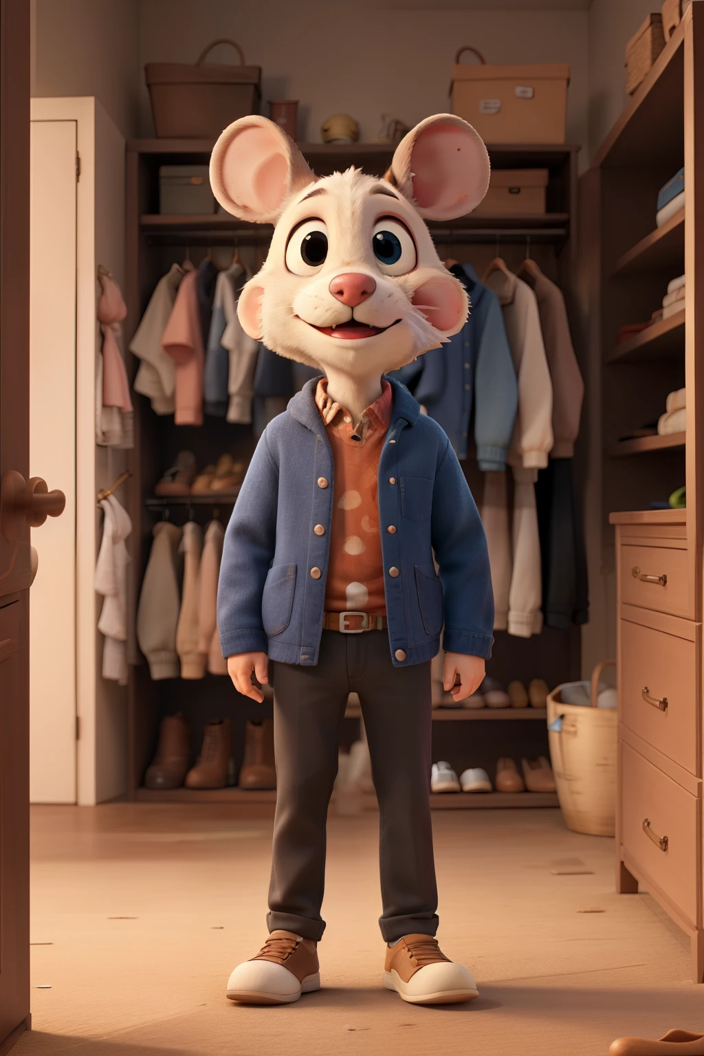 A mouse with clothes on, putting his clothes on his closet
