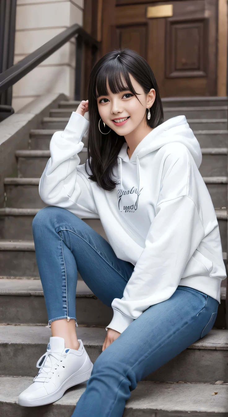 highest quality, Realistic, Very detailed, Finer details, High resolution, 8k wallpaper, One beautiful woman,Sit on the stairs、 Oversized hoodie, Skinny jeans, White sneakers,Putting on socks、Black Hair、 hairstyle semi long、Beautiful Bangs、ear piercing、smile、Beautiful teeth alignment、Perfect dynamic composition, Beautiful and detailed, Full Body Shot, A big smile