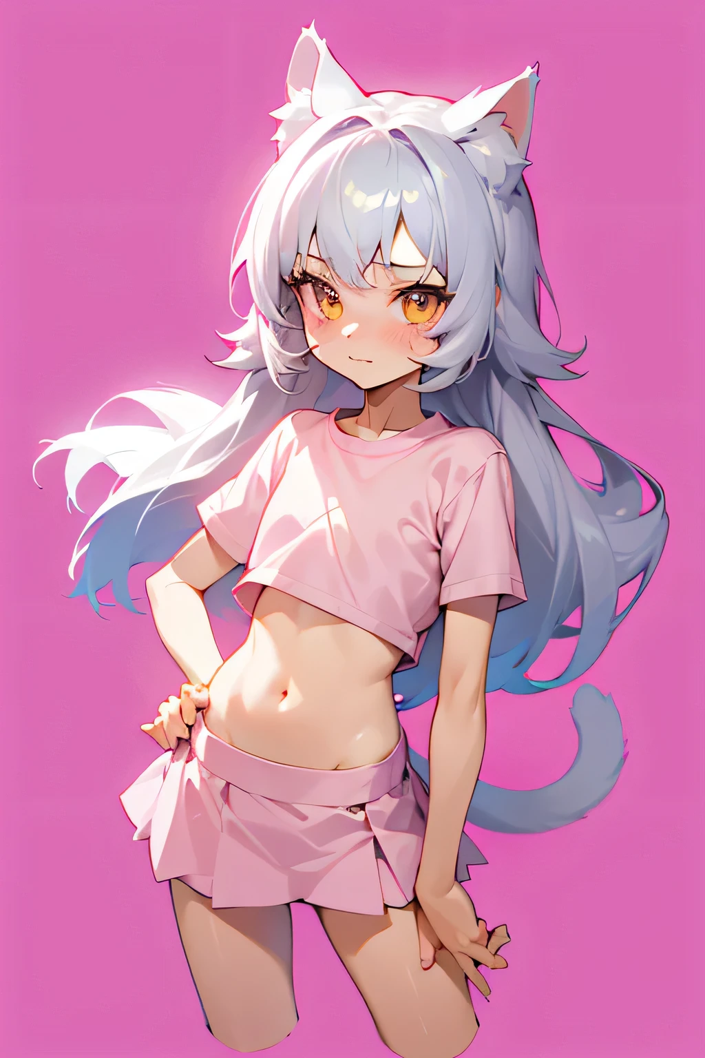 1girl, silver hair, golden eyes with pupils, ((skinny)), ((petite)), short,  small, ((neko)), (cropped solid pastel pink tshirt), long hair, short skirt, (((kid))), cat ears, happy, blush, flat chest, midriff, at school, hand on tummy