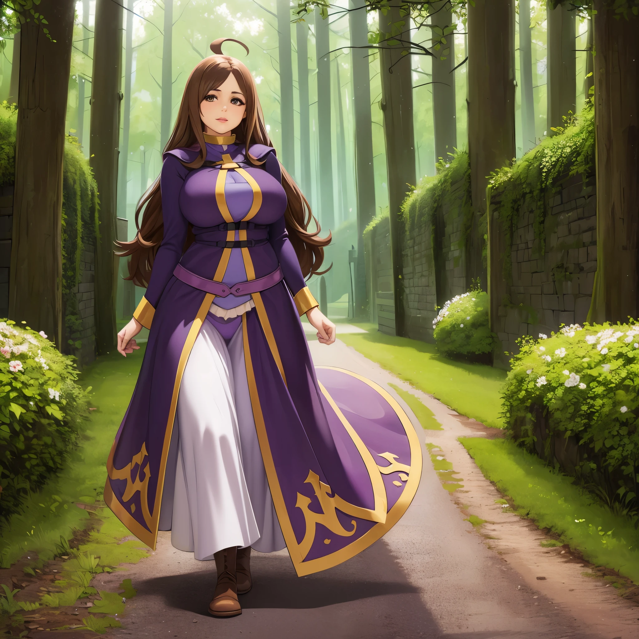 (a woman,beautiful detailed eyes,beautiful detailed lips,brown hair,brown eyes,an ahoge),(wearing,a purple sorceress dress,brown boots),(walking on,a medieval road),(with,a magical power),(in her hand),(surrounded by,trees),(and,an open field),(best quality),(ultra-detailed),(realistic:1.37),(magical),(portrait),(vivid colors),(medieval lighting)