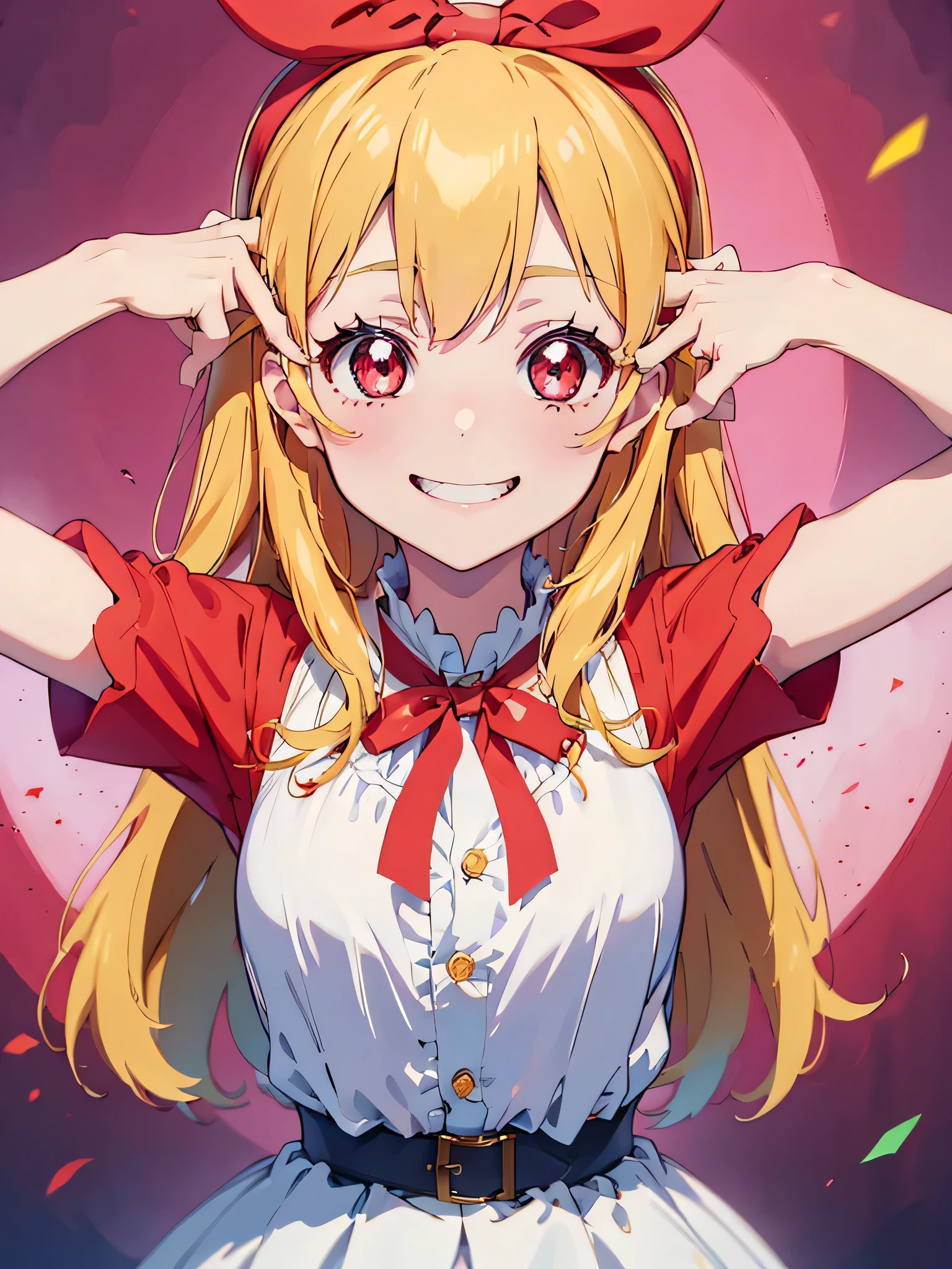 (red ribbon on hairband:1.2),(8K, best quality, muste piece:1.2)、ultra high resolution,1 very cute girl,hosimiya ichigo,ultra-detailed face, detailed eyesBlonde HAIR,RED eyes,smile, grin, happy,,masterpiece, best quality, extremely detailed, 1 girl,souvenir jacket,Sleeveless, confetti1 girl, ai's pose:1.1