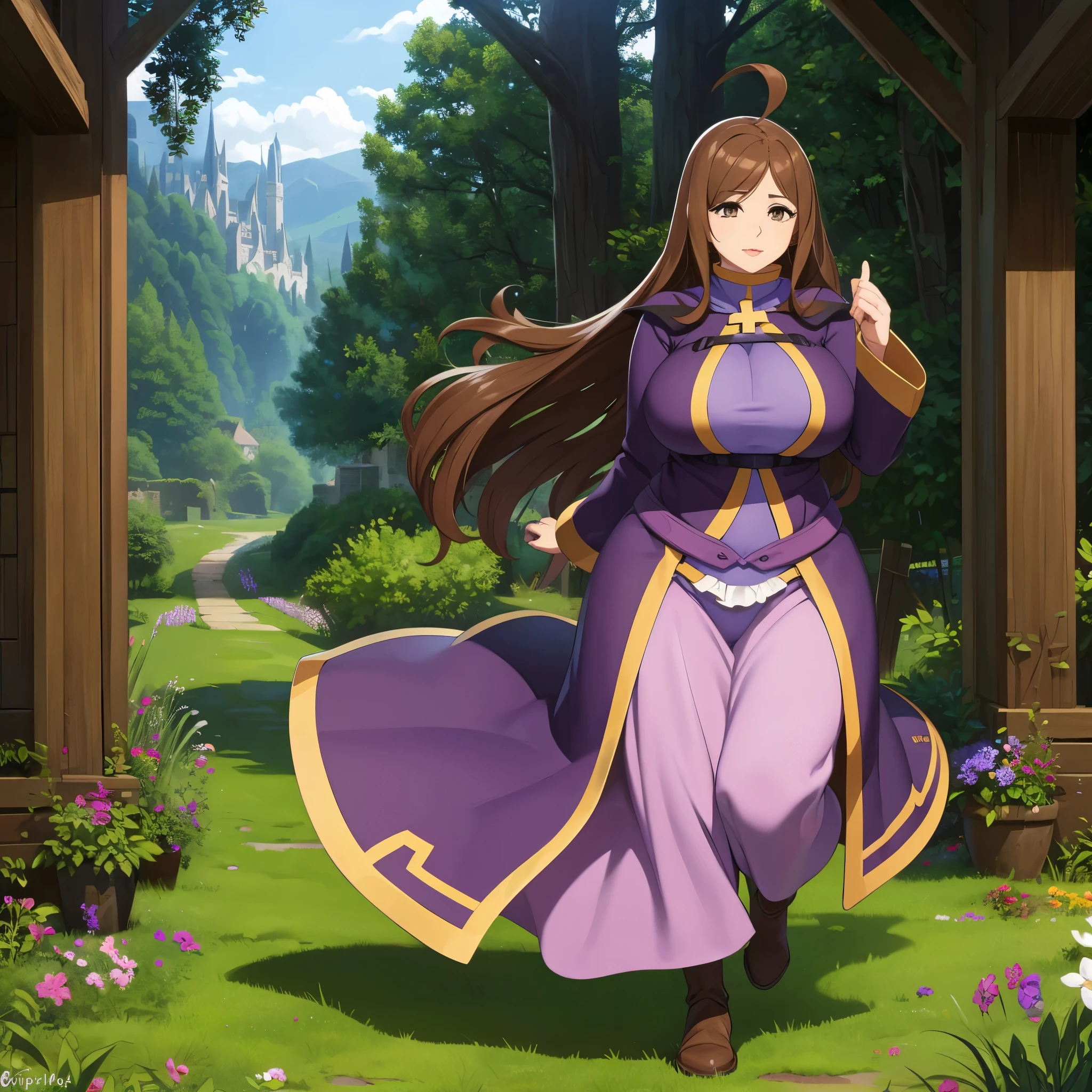 (a woman,beautiful detailed eyes,beautiful detailed lips,brown hair,brown eyes,an ahoge),(wearing,a purple sorceress dress,brown boots),(walking on,a medieval road),(with,a magical power),(in her hand),(surrounded by,trees),(and,an open field),(best quality),(ultra-detailed),(realistic:1.37),(magical),(portrait),(vivid colors),(medieval lighting)