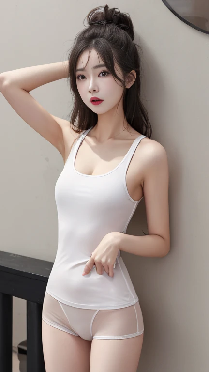 woman,Wear a white tank top.,Wear a black G-string.