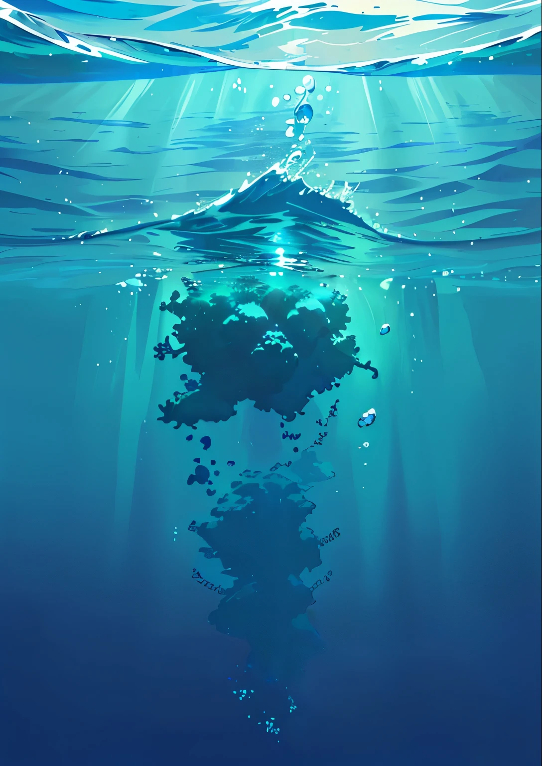 there is a blue and green background, water, mar, burbujas, fondo del oceano, anime, gradiente agua, profundidad mar, oceano, underwater, anime, ong, details, manga