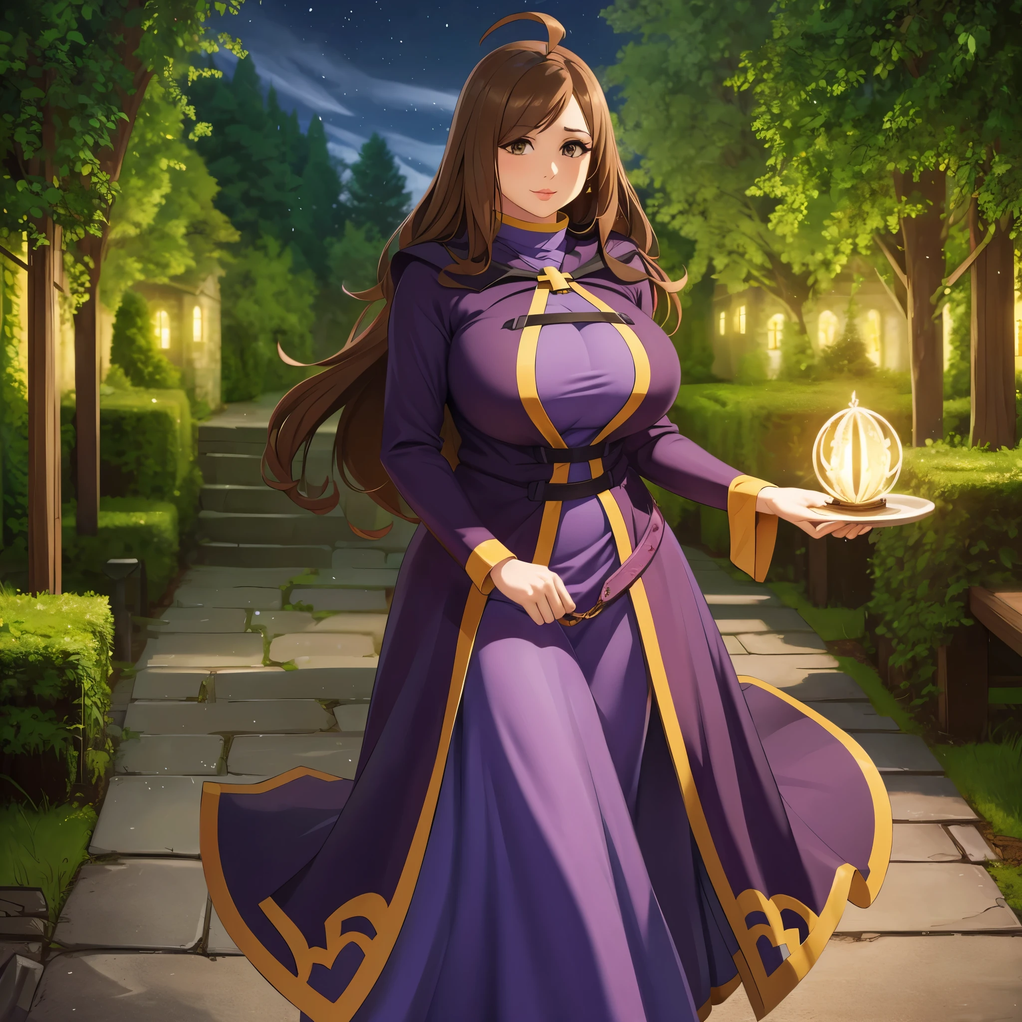 (a woman,beautiful detailed eyes,beautiful detailed lips,brown hair,brown eyes,an ahoge),(wearing,a purple sorceress dress,brown boots),(walking on,a medieval road),(with,a magical power),(in her hand),(surrounded by,trees),(and,an open field),(best quality),(ultra-detailed),(realistic:1.37),(magical),(portrait),(vivid colors),(medieval lighting)