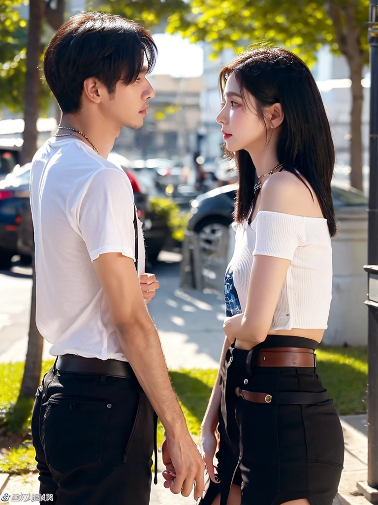 1 woman and 1 man walking together on campus, couple, short hair, medium chest, black hair, bare shoulders, women jewelry accessories, brown eyes, Clear eyes, Dark eyeline, long eyelashes, colorful nail art, black pantyhose, tight miniskirt, Waist belt, Shirt and pants worn by a man, lover, Skinship between a man and a woman, face to face conversation, shy expression