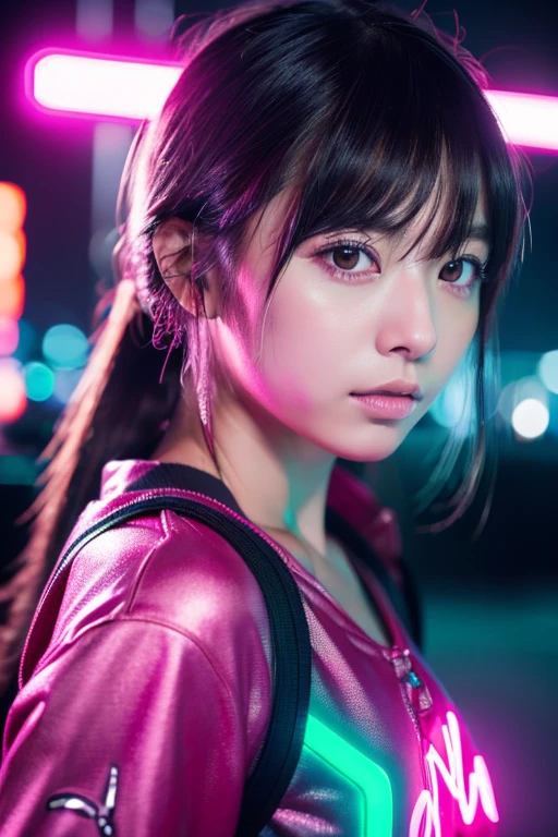 (8k, RAW Photos, highest quality, masterpiece:1.2), (Realistic, photo-Realistic:1.37),(Japanese female models), cute,(Pink Neon),(cyber punk),
