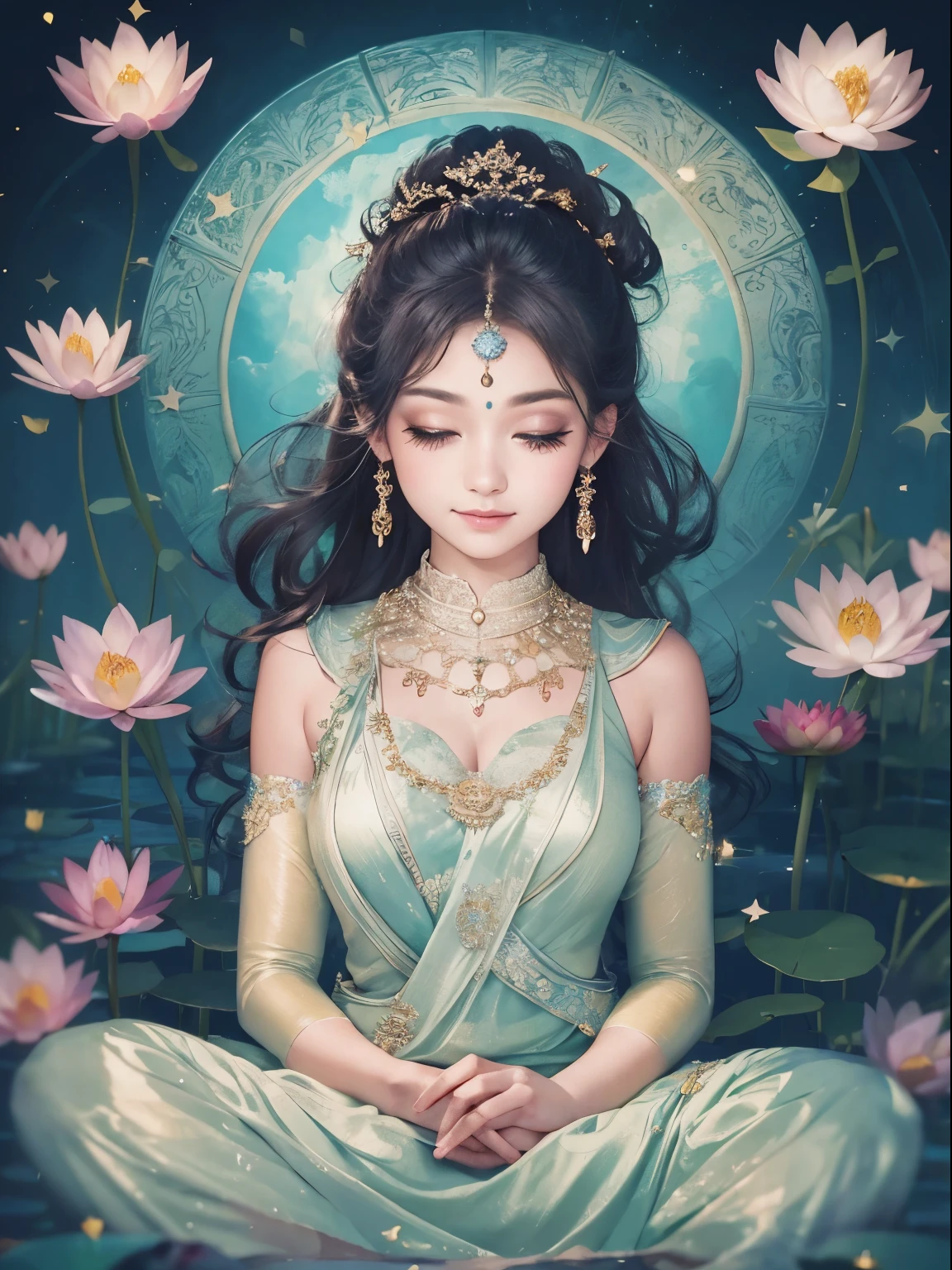 highest quality，masterpiece：1.2，detailed details，Beautiful young goddess(((Looking straight ahead)))(((Staring at me with big eyes)))，Smiling Kindly. She is meditating in prayer with folded hands. She is wearing a white dress with stars shining in the blue night sky, You sit on a large lotus flower in the middle of a pond full of lotuses.，In a wonderful atmosphere，I feel like I&#39;m one with the universe.. High resolution, 8k