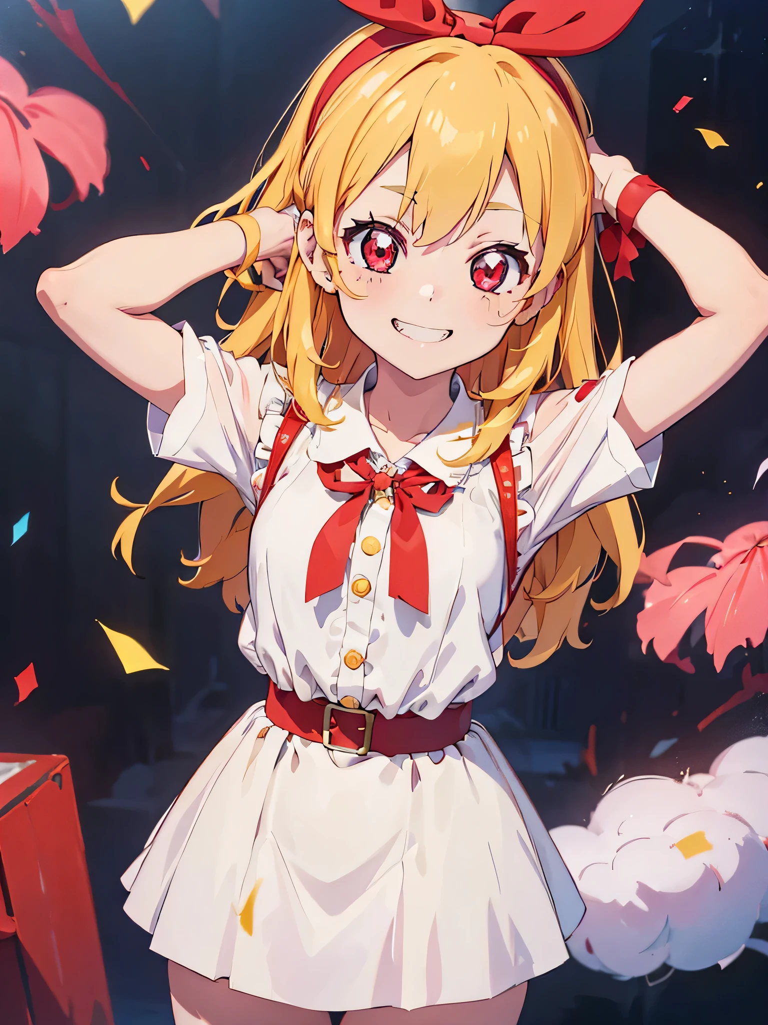 (red ribbon on hairband:1.2),(8K, best quality, muste piece:1.2)、ultra high resolution,1 very cute girl,hosimiya ichigo,ultra-detailed face, detailed eyesBlonde HAIR,RED eyes,smile, grin, happy,,masterpiece, best quality, extremely detailed, 1 girl,souvenir jacket,Sleeveless, confetti1 girl, ai's pose:1.1