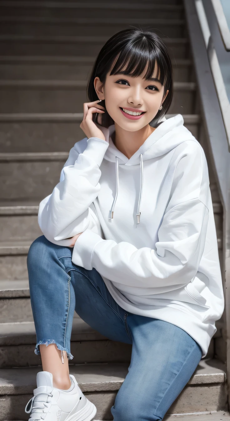 highest quality, Realistic, Very detailed, Finer details, High resolution, 8k wallpaper, One beautiful woman,Sit on the stairs、 Oversized hoodie, Skinny jeans, White sneakers short,Putting on socks、Black Hair、 Short Haircut、Beautiful Bangs、ear piercing、smile、Beautiful teeth alignment、Perfect dynamic composition, Beautiful and detailed, Full Body Shot, A big smile
