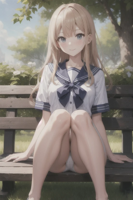 highest quality、Super Resolution、8K,(masterpiece:1.3), (Absurd:1.3), (highest quality:1.3), (Very detailed:1.3), One girl, View your viewers, smile, Outdoor,Photographed from the perspective of looking up at her feet, Summer sailor uniform,ailor collar,、Sit on a bench、She spreads her legs and shyly shows her panties、She shows off her white frilly panties to the viewers.、